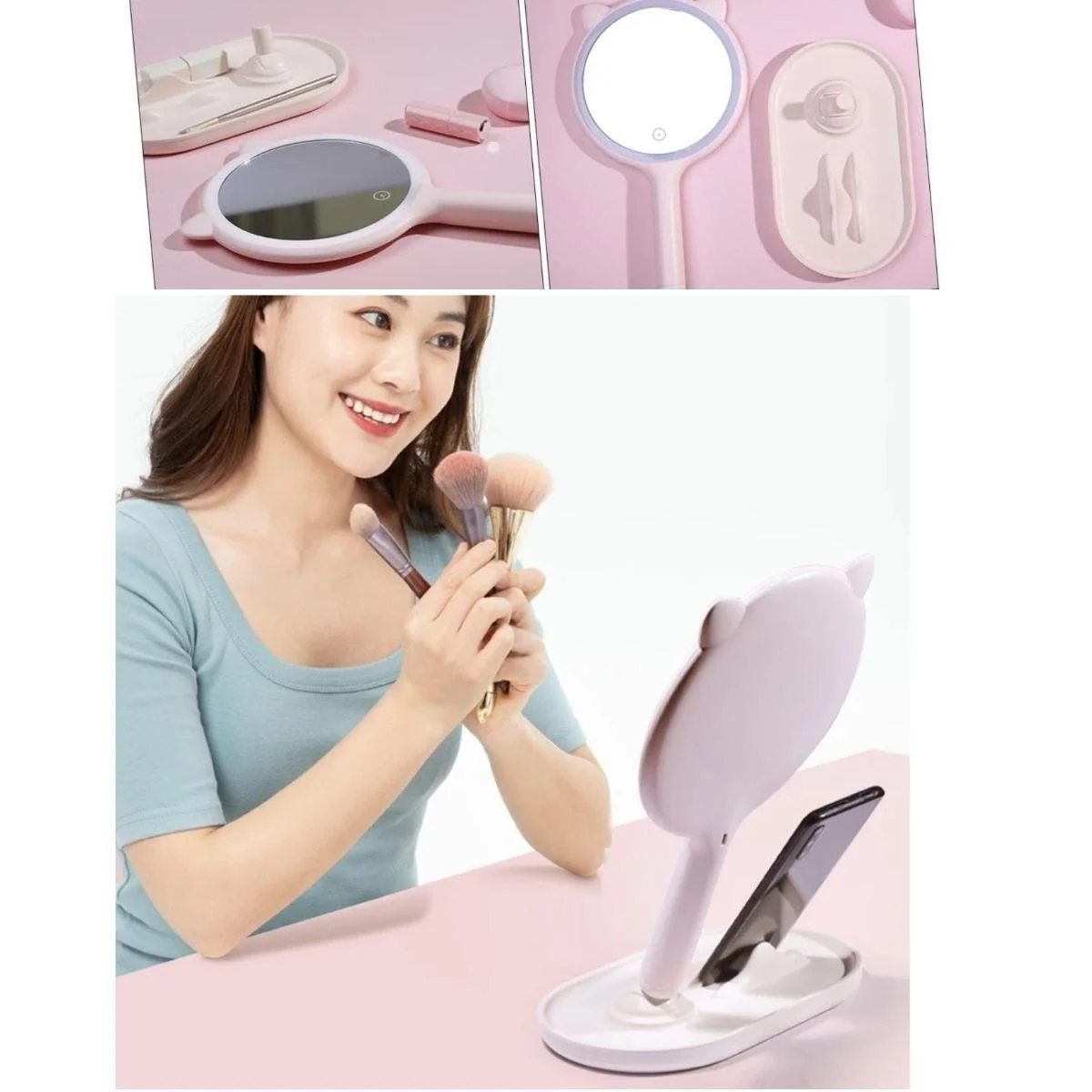 Kedi Kulaklı Telefon Standlı Yuvarlak Dokunmatik Led Ayarlı Masa Üstü Makyaj Aynası Bx40
