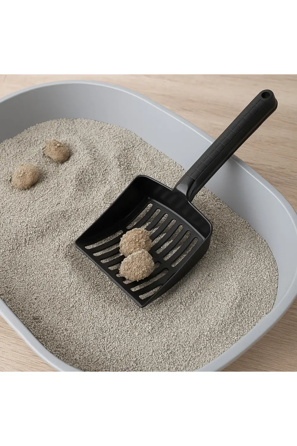 Ferah Plastik Kedi Kumu Küreği – Geniş Ağızlı, Dayanıklı Plastik, İzgaralı Akıl