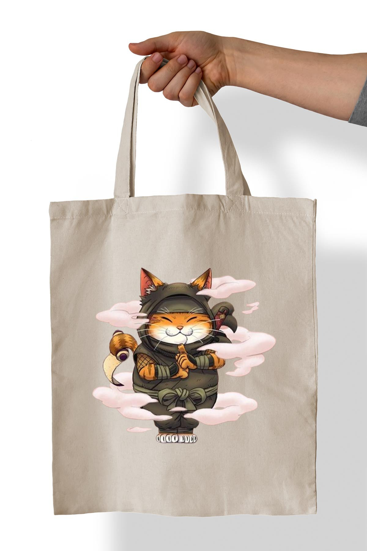 Remonz Kedi Ninja Baskili %100 Pamuk 35X38 Cm Bez Çanta