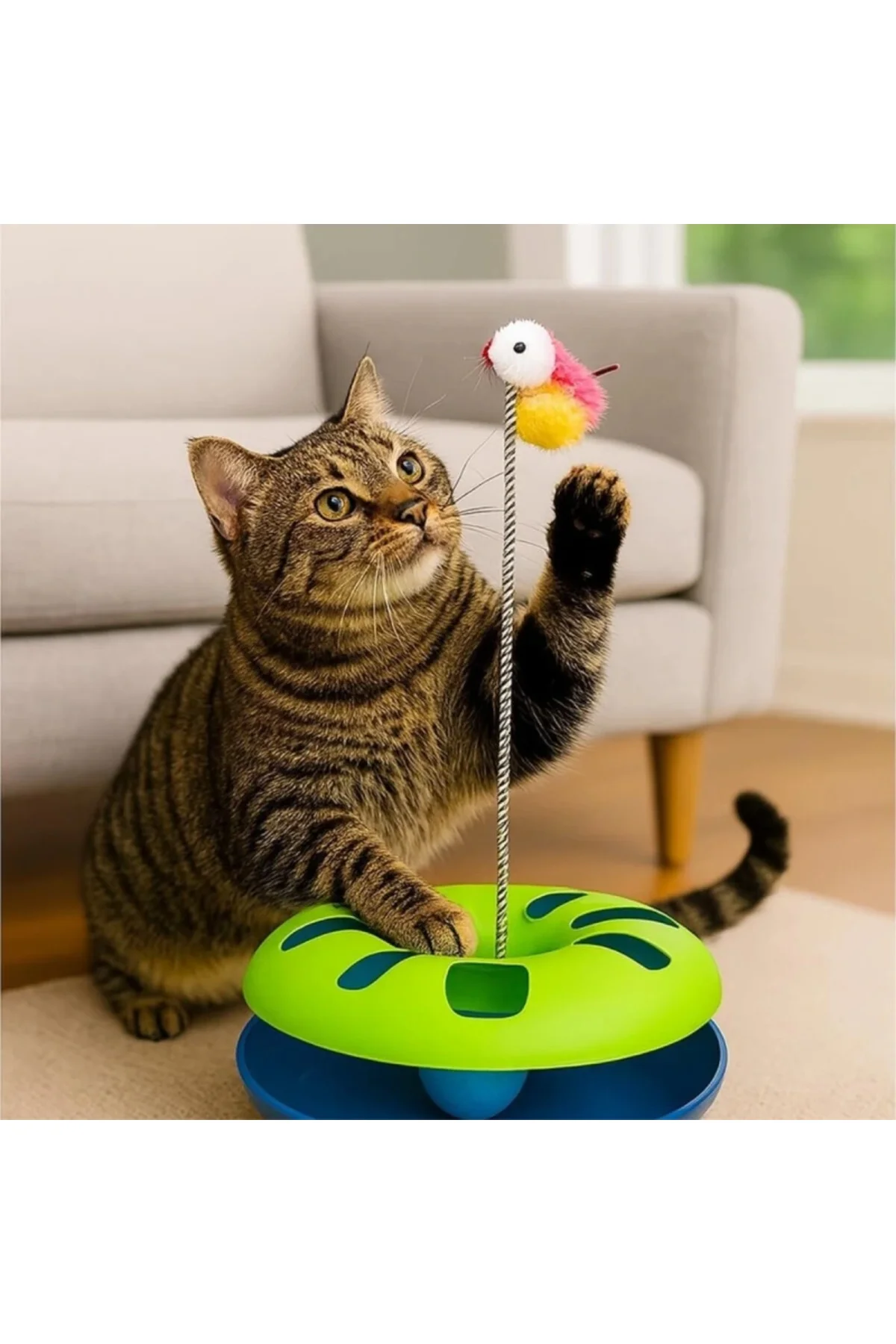 Kedi Oyuncağı Dönme Toplu ve Yaylı Tüylü Fareli Kedi Aktivite Oyu