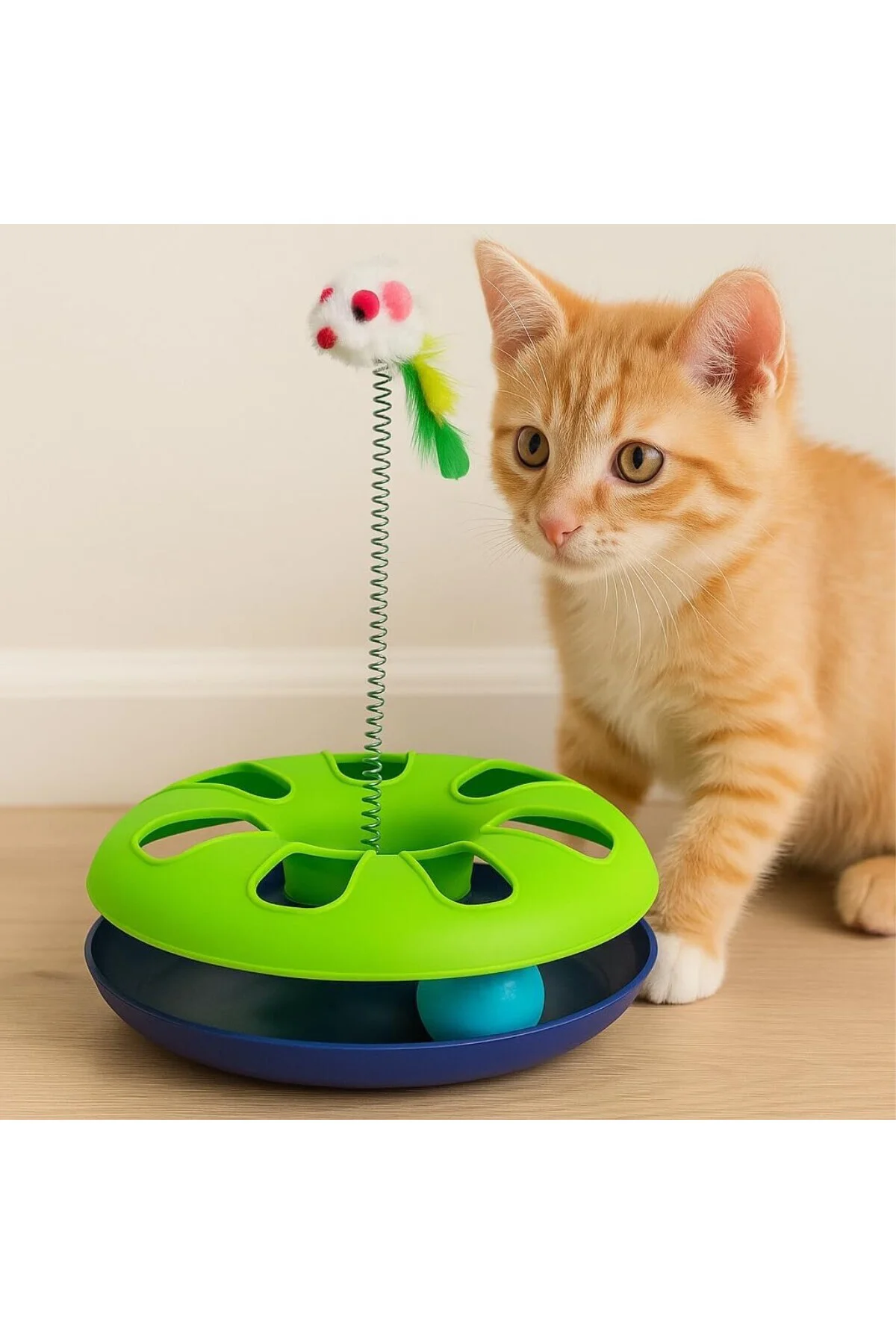 Kedi Oyuncağı – Interaktif Dönme Toplu ve Yaylı Tüylü Fareli Kedi