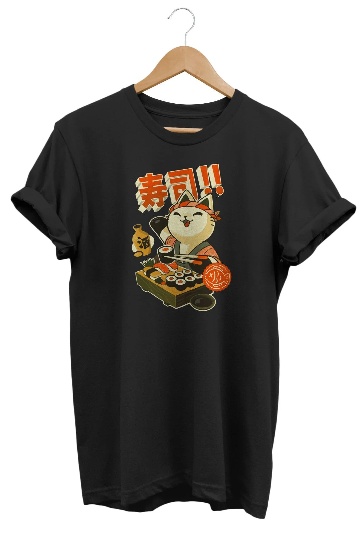 Kedi Sushi Baskılı %100 Pamuk Oversize Dijital Baskılı T-shirt