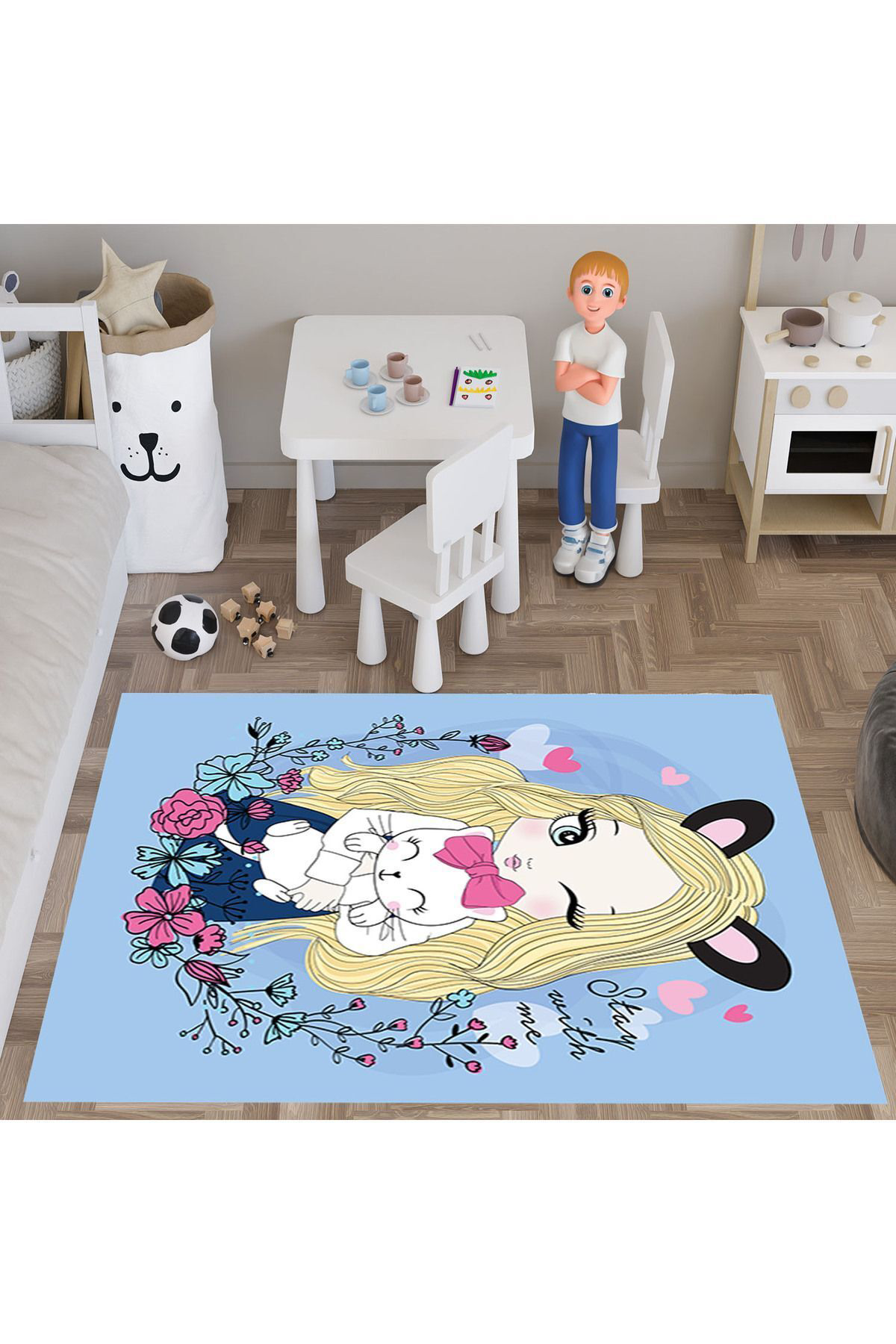 Evan Home Kedi Tutan Kiz Desenli Çocuk Odasi Takim Perde (İki Kanat),Yatak Örtüsü,Yastik,Kirlent ,Hali,Tablo