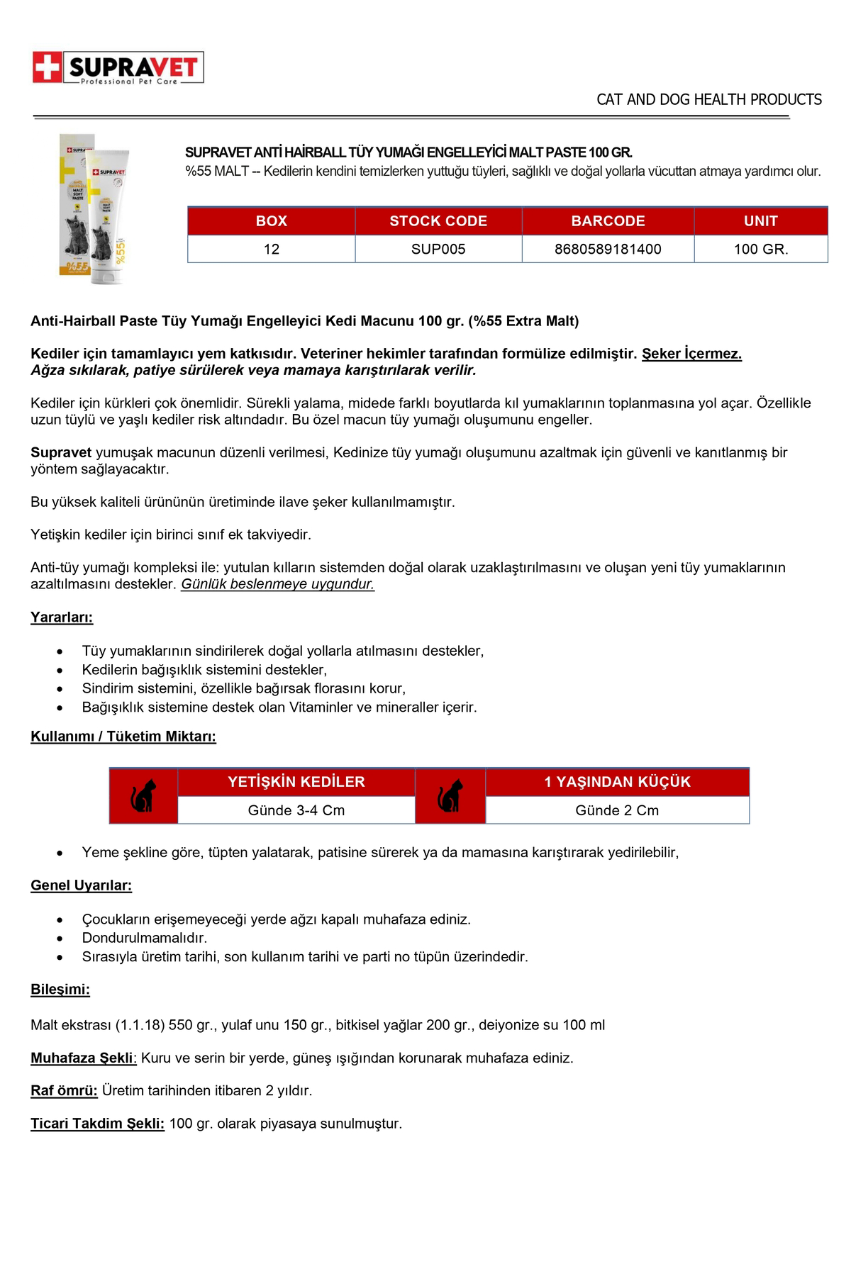 Kedi Tüy Döküm Önleyici Malt Macunu 100 Gr Biotine Tüy Dökülmesi 