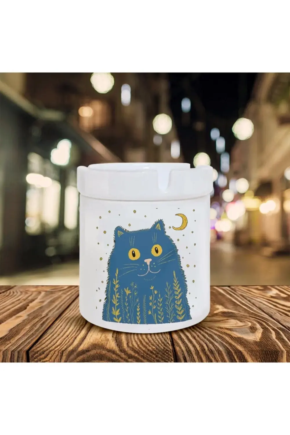 Kedi Ve Hilal Baskılı Seramik Küllük