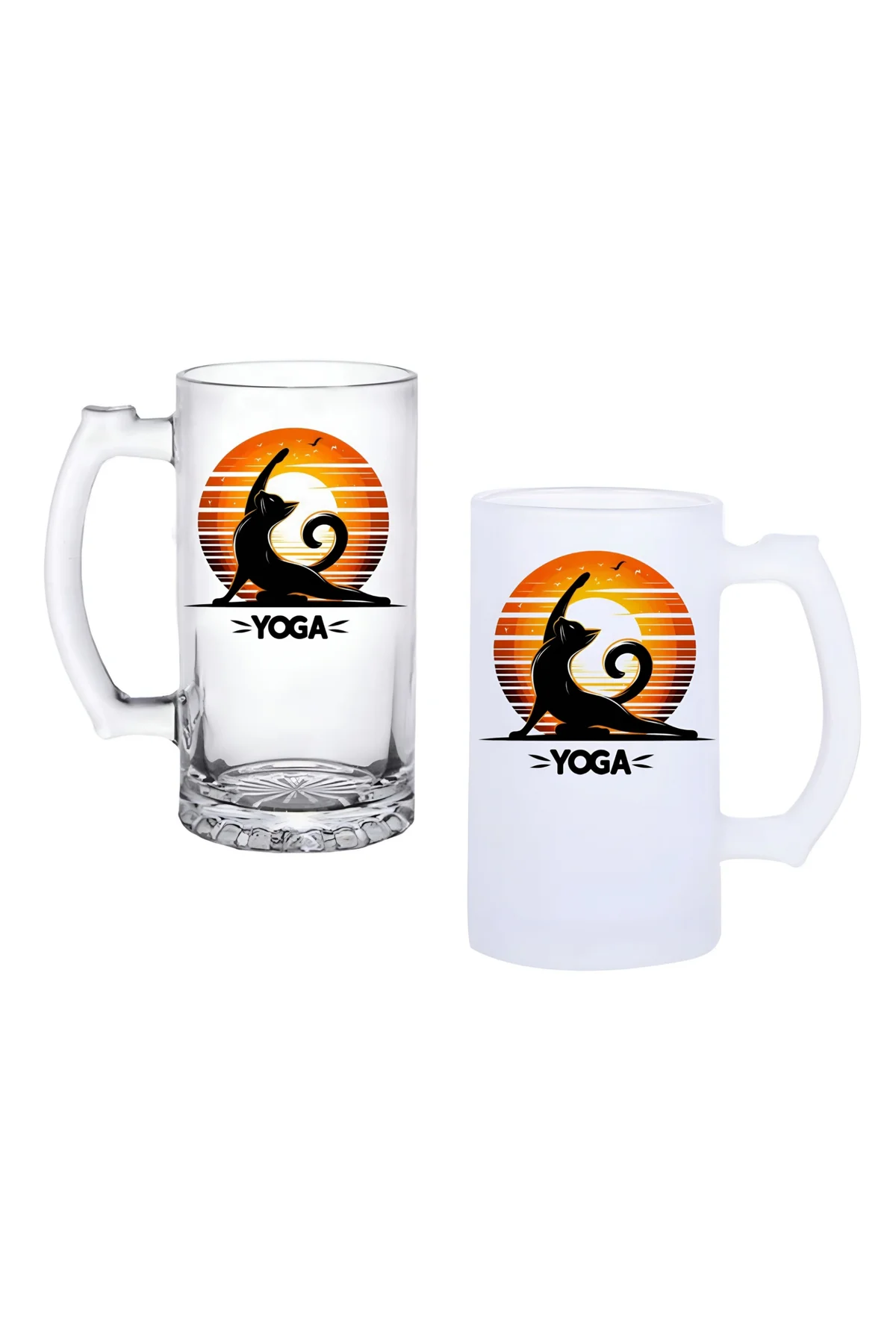 Kedi Yoga Kulplu Bira Bardağı Buzlu veya Şeffaf Seçenekli 0137