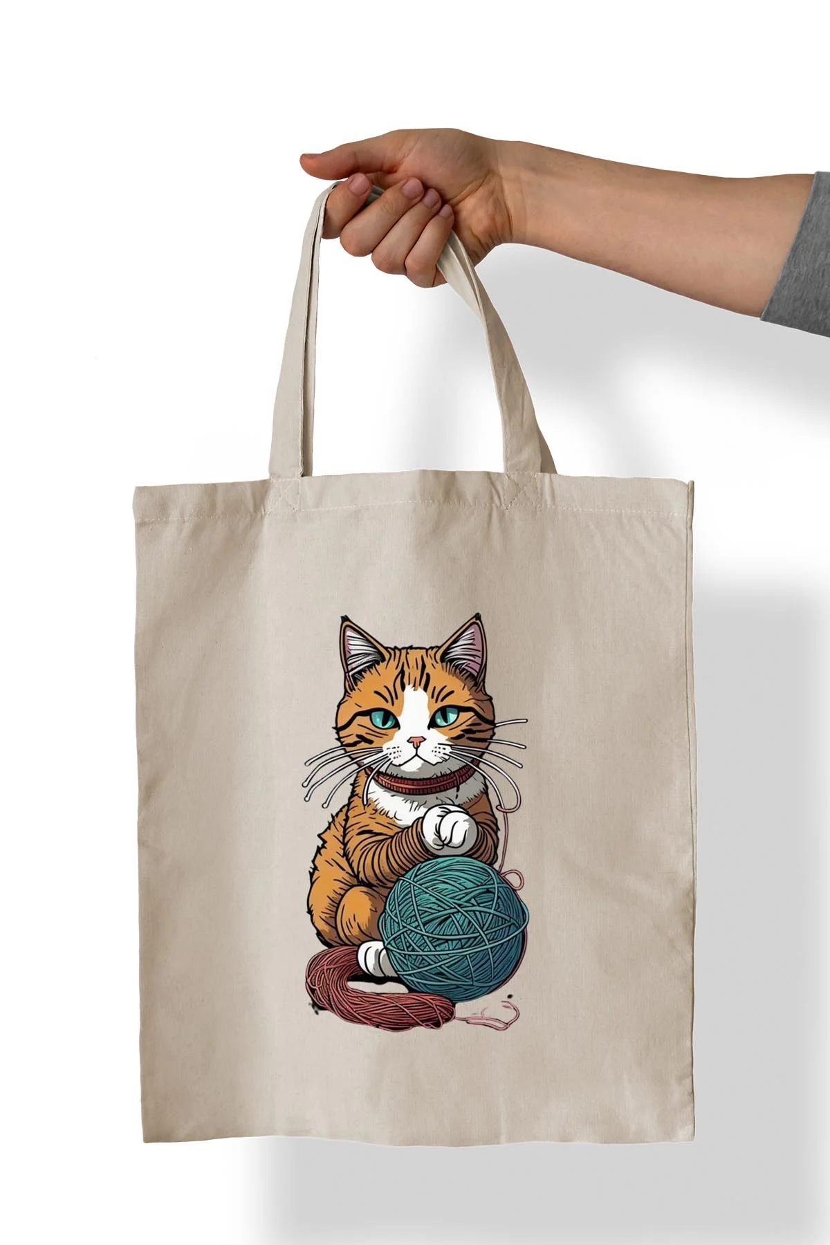 Kedi Yumak Baskılı %100 Pamuk 35x38 cm Bez Çanta