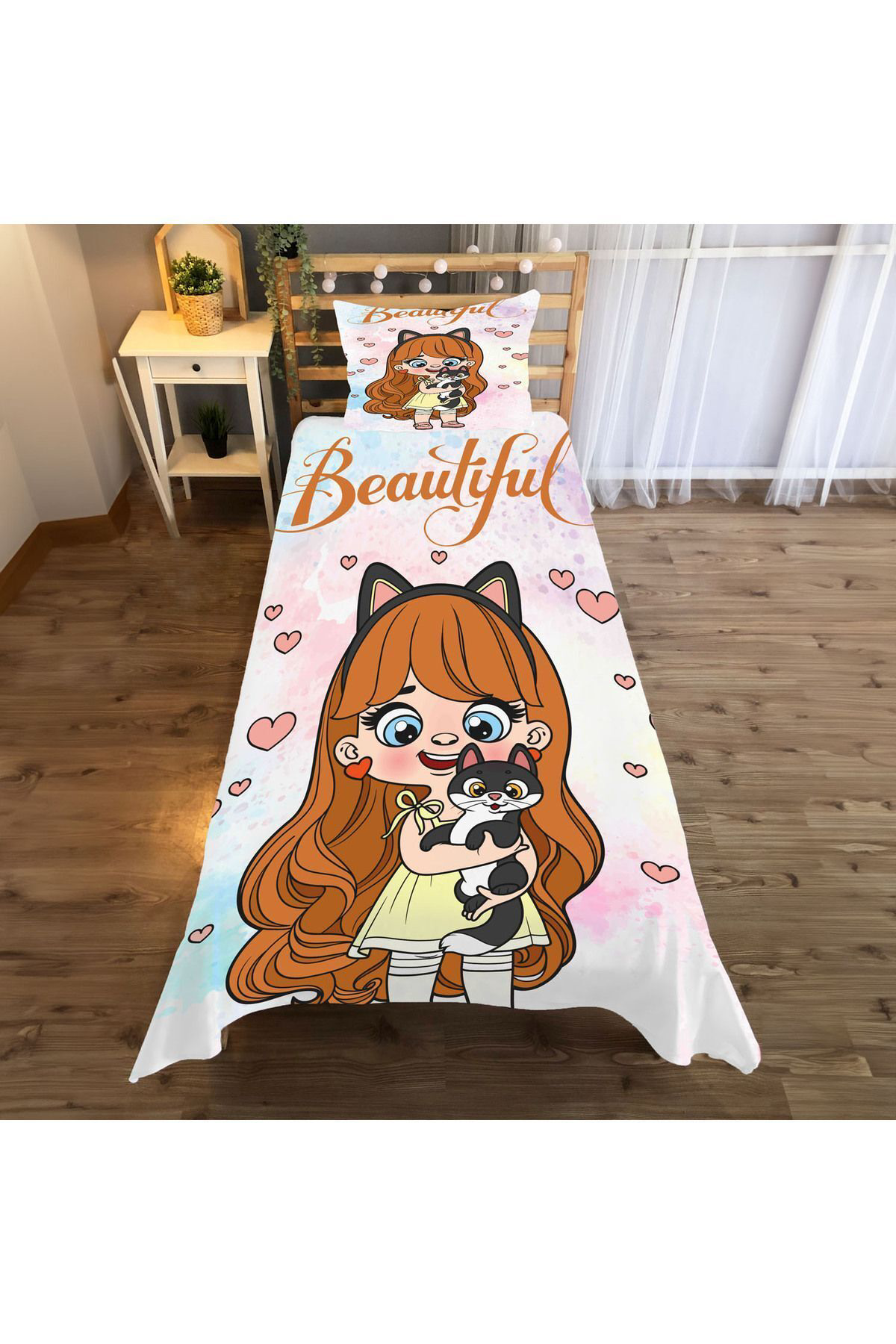 Evan Home Kedili Kiz Desenli Çocuk Odasi Takim Perde (İki Kanat),Yatak Örtüsü,Yastik,Kirlent ,Hali,Tablo