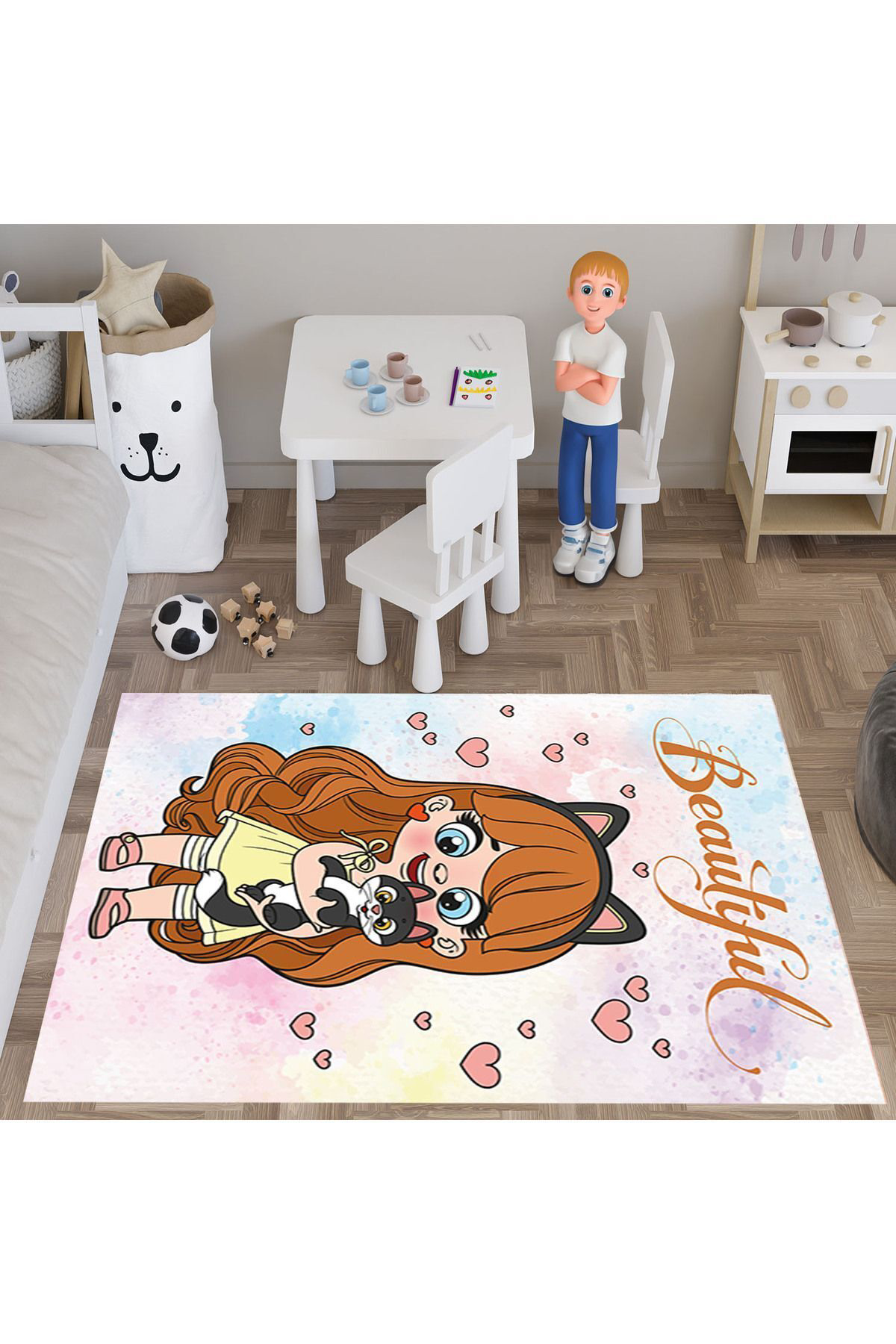 Evan Home Kedili Kiz Desenli Çocuk Odasi Takim Perde (İki Kanat),Yatak Örtüsü,Yastik,Kirlent ,Hali,Tablo