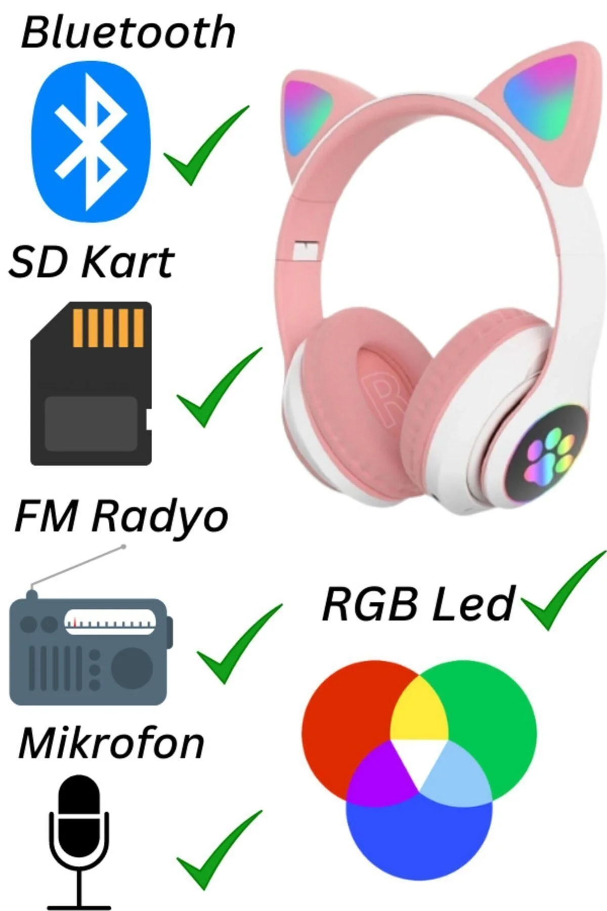 Kedili pembe kulak üstü kulaklık stereo ses ANC mikrofon FM radyo SD kart RGB ışık