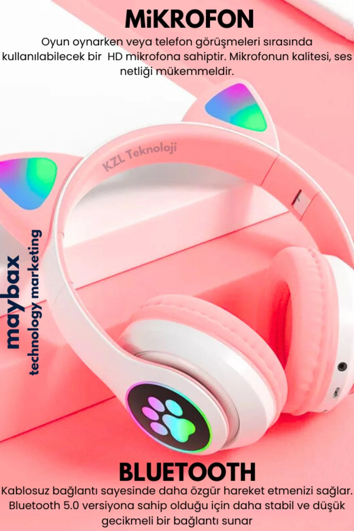 Kedili pembe kulak üstü kulaklık stereo ses ANC mikrofon FM radyo SD kart RGB ışık