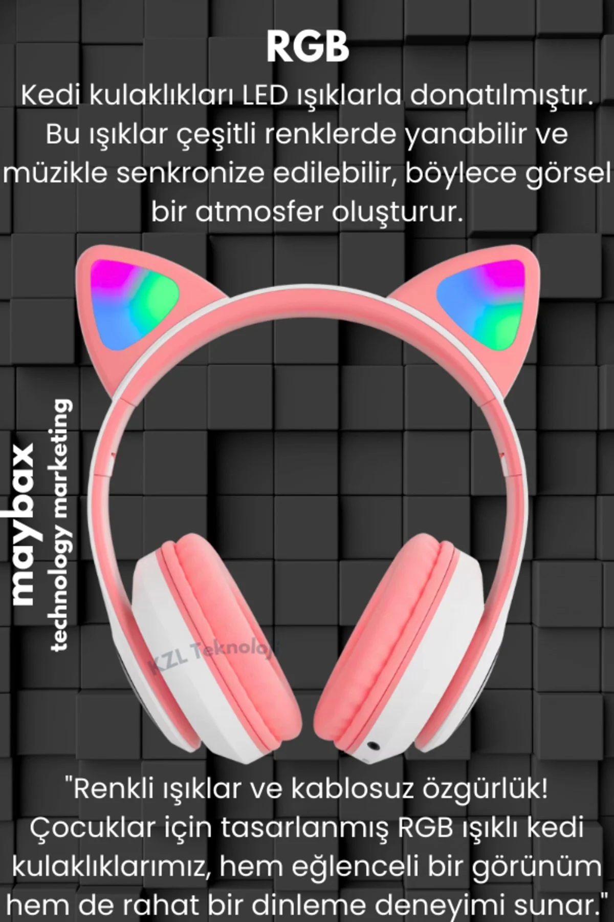 Kedili pembe kulak üstü kulaklık stereo ses ANC mikrofon FM radyo SD kart RGB ışık