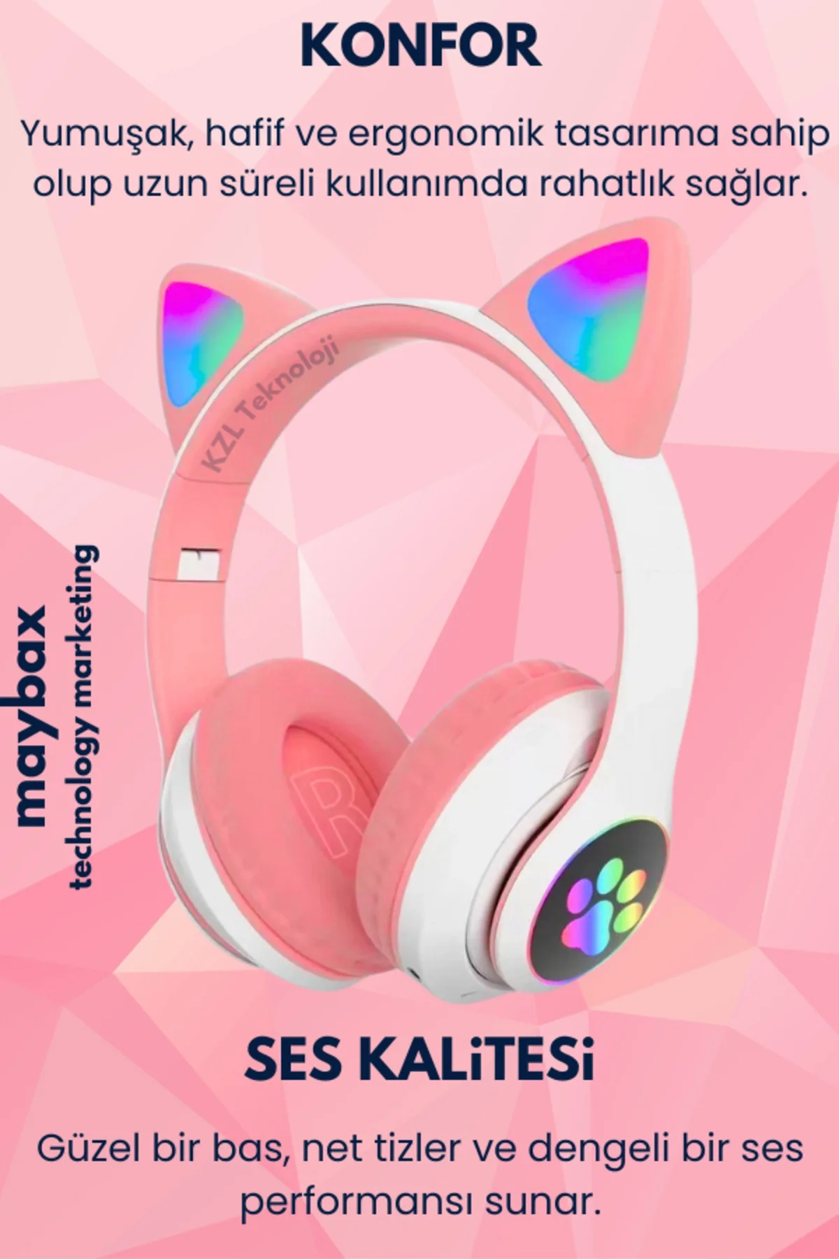 Kedili pembe kulak üstü kulaklık stereo ses ANC mikrofon FM radyo SD kart RGB ışık