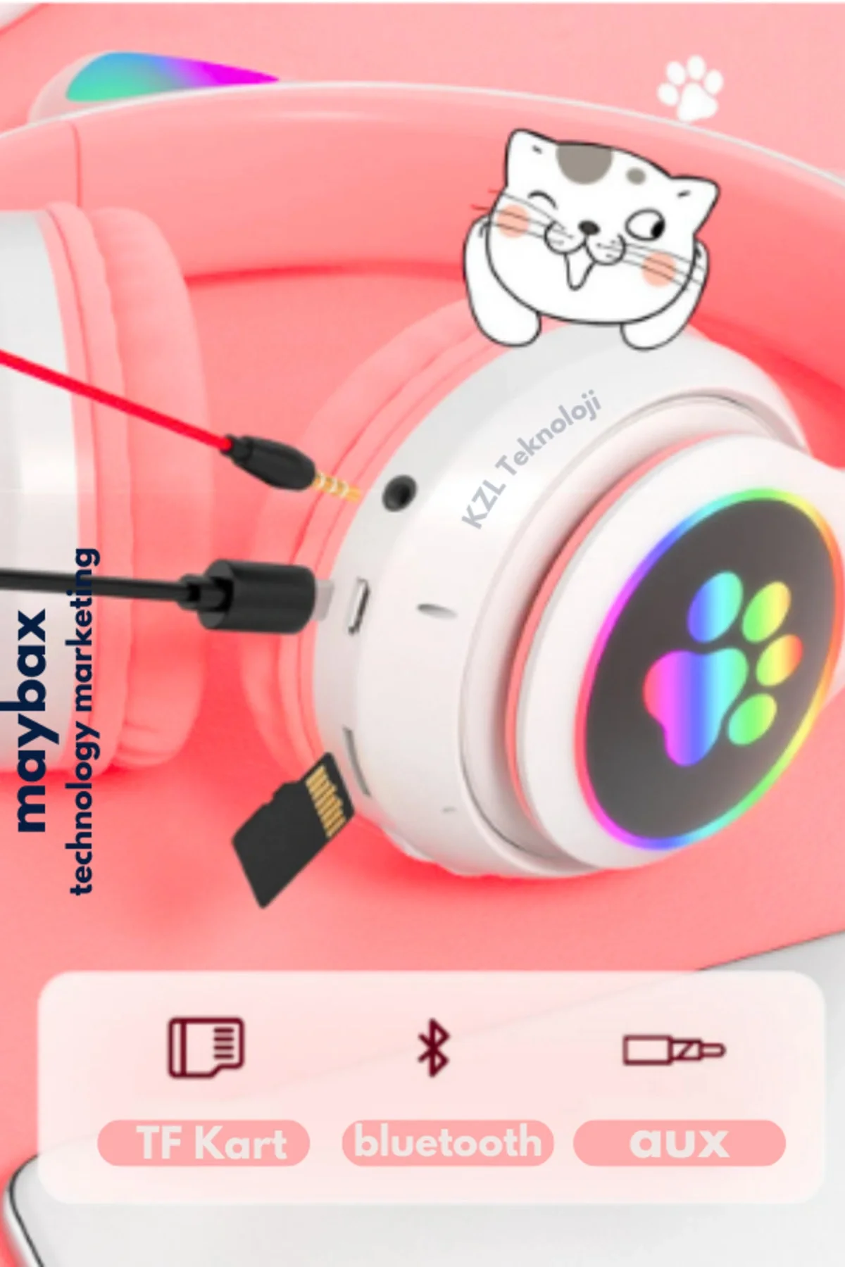 Kedili pembe kulak üstü kulaklık stereo ses ANC mikrofon FM radyo SD kart RGB ışık