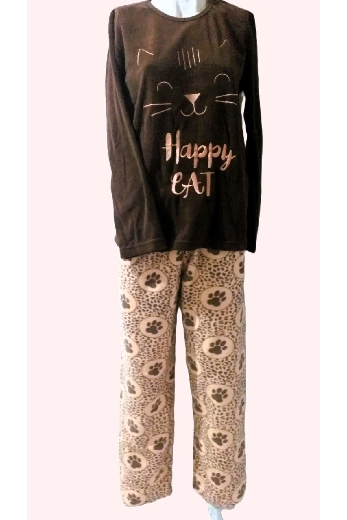Kedili Polar Kadın Pijama Takımı Kahve