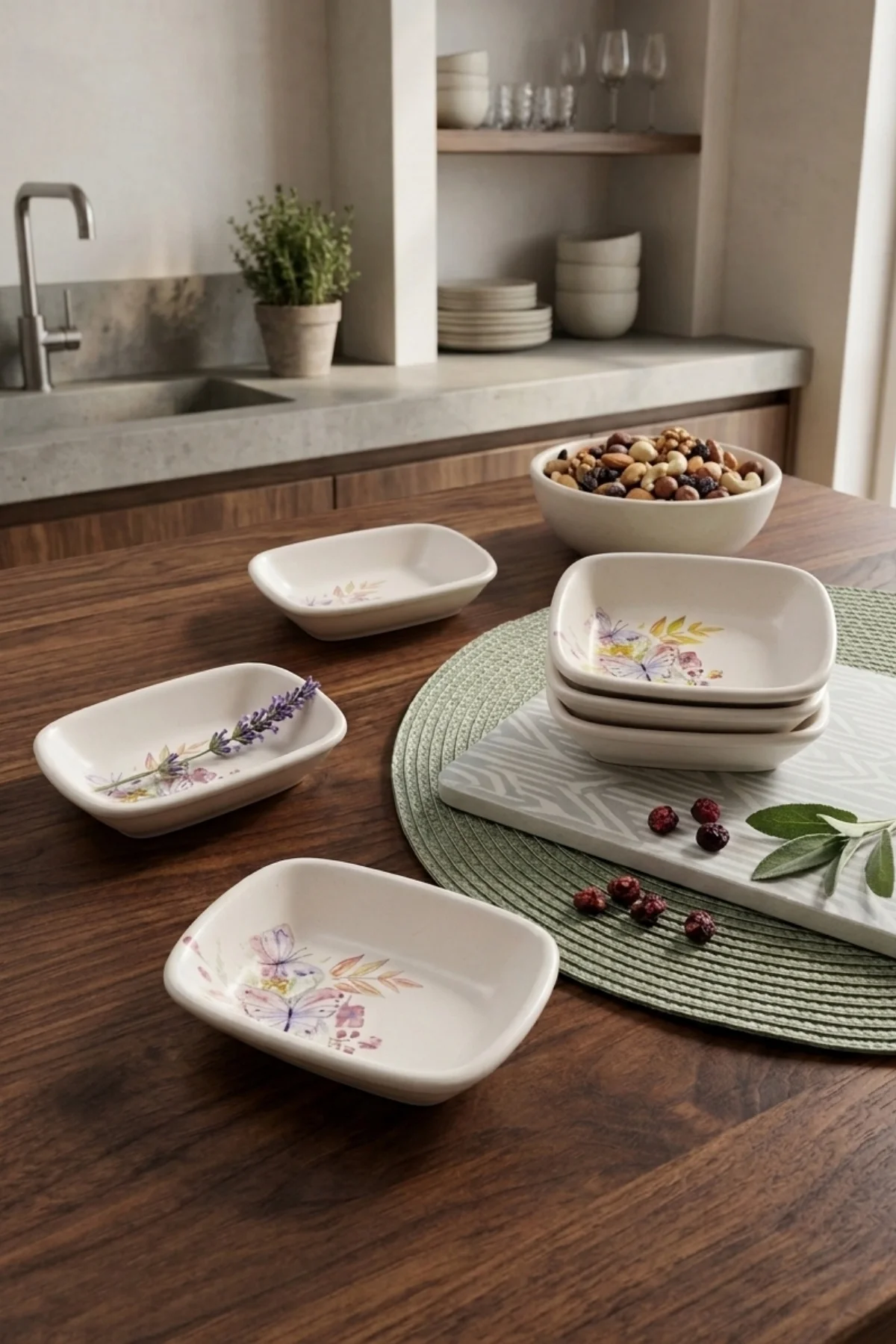 Kelebek Desenli Dikdörtgen Meze Çerezlik / Kahvaltı Kayık 13 Cm 6