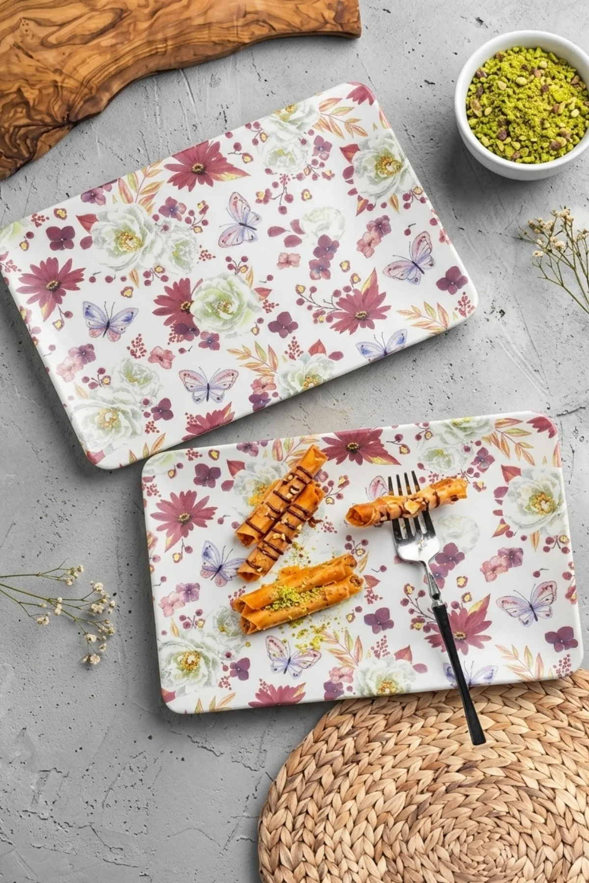 Kelebek Desenli Siera Kayık Sunum Tabağı 31*21 Cm 2 Adet