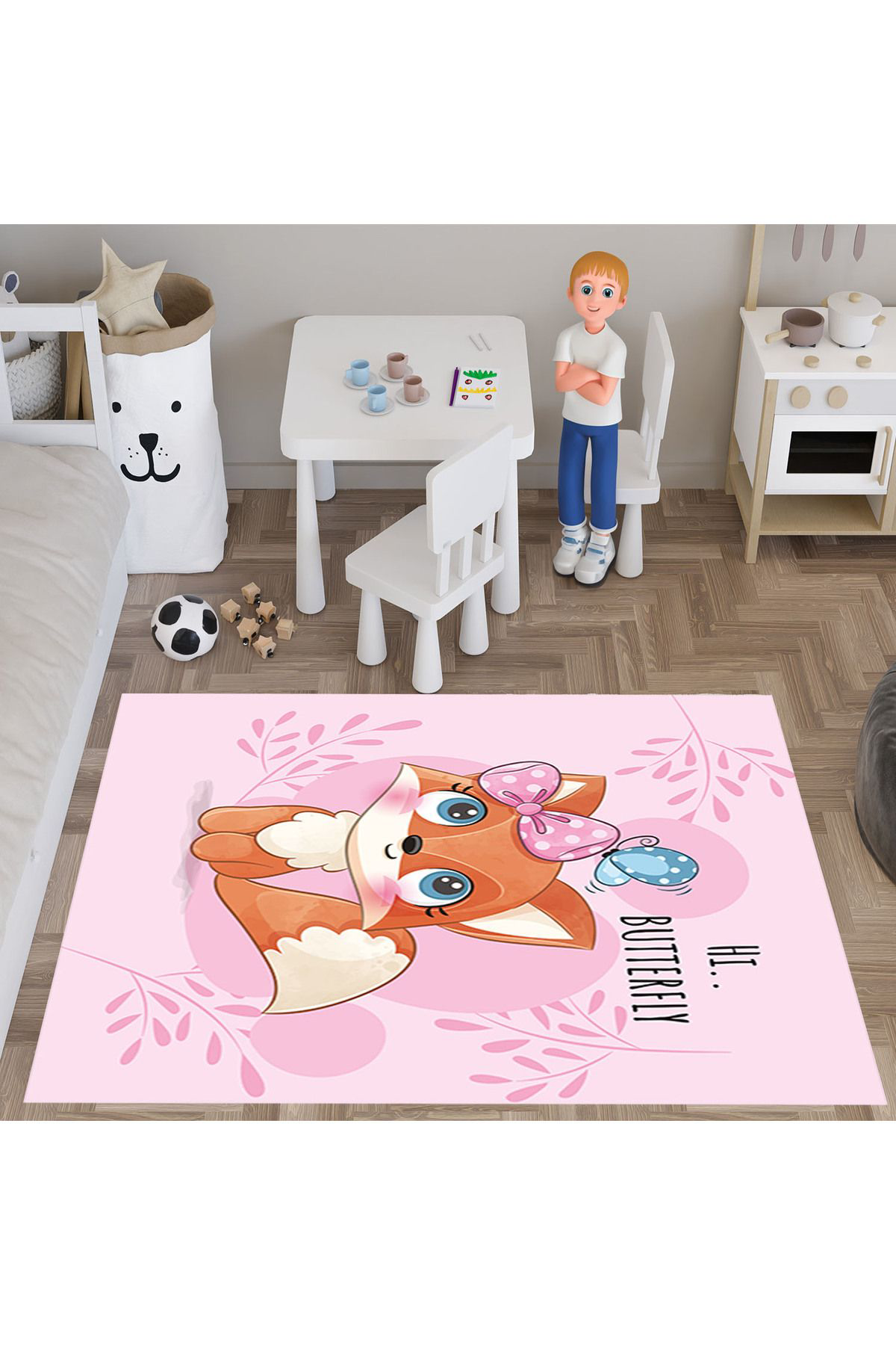 Evan Home Kelebek Desenli  Dijital Baski Yikanabilir Kaymaz Taban Çocuk Odasi Halisi