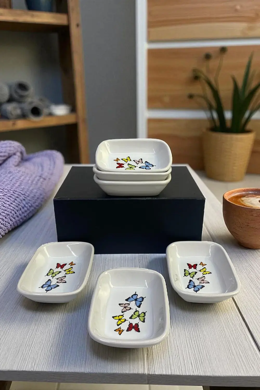 Keramika Kelebek Dikdörtgen Çerezlik / Kayık 13 Cm 6 Adet