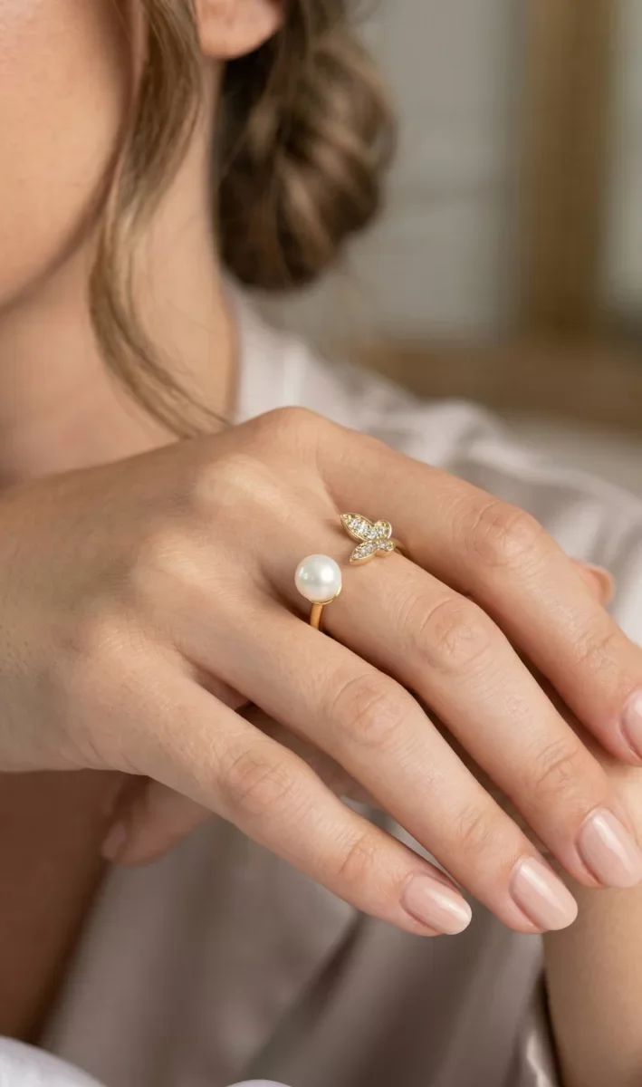 Kelebek İncili Model Gold Renk Zirkon Taşlı Kadın Yüzük - Lisinya