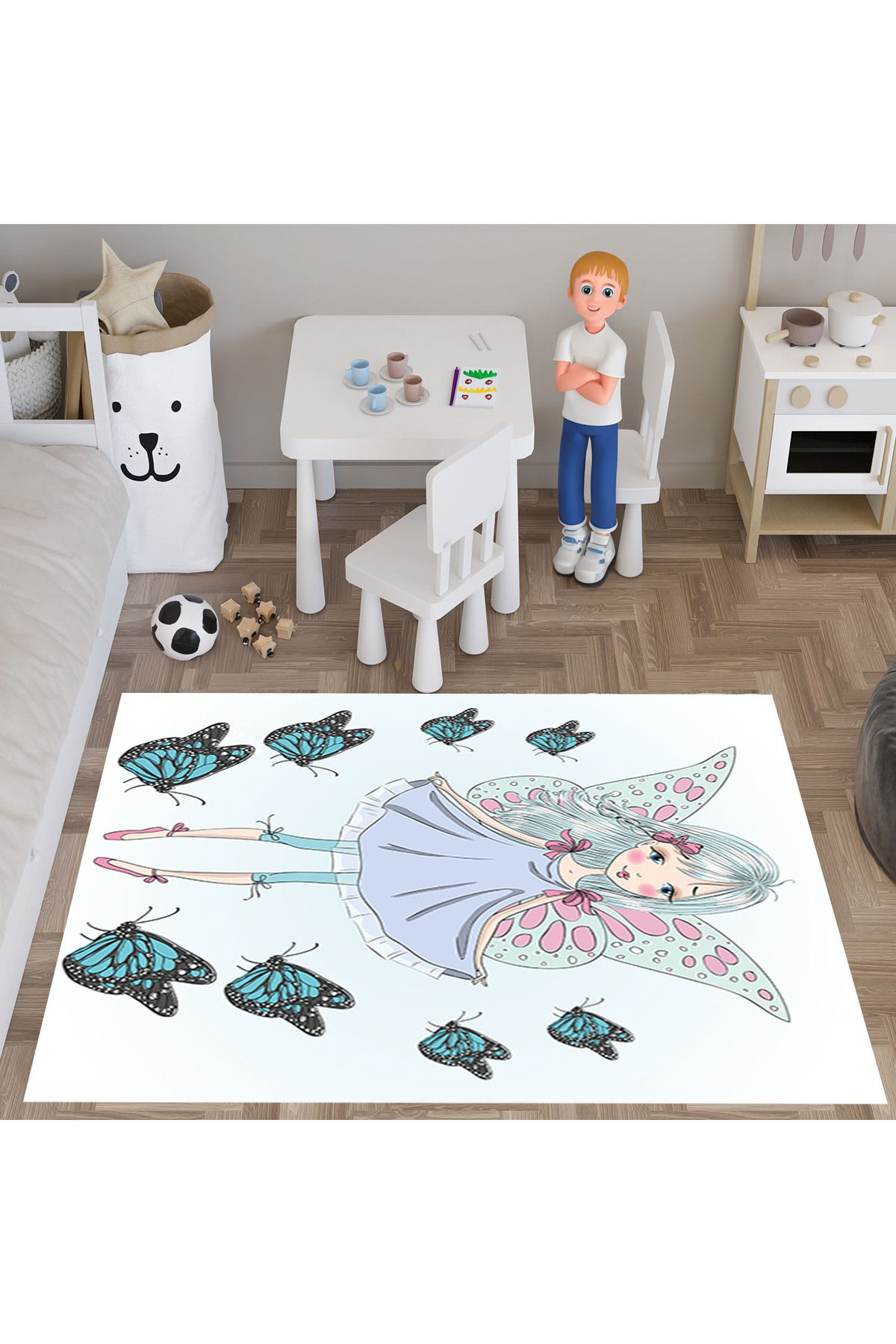 Evan Home Kelebek Kiz  Desenli  Dijital Baski Yikanabilir Kaymaz Taban Çocuk Odasi Halisi