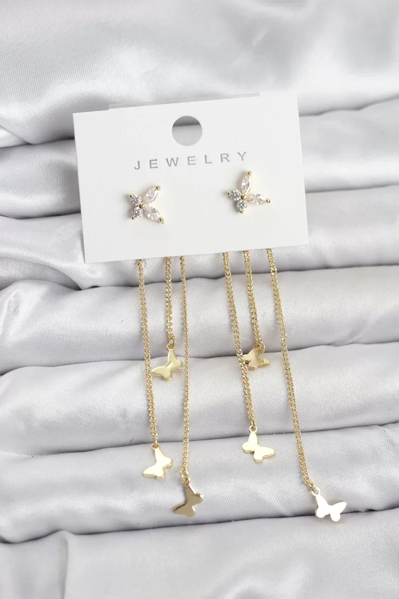 Kelebek Model Gold Renk Pirinç Sallantılı Kadın Küpe - Lisinya
