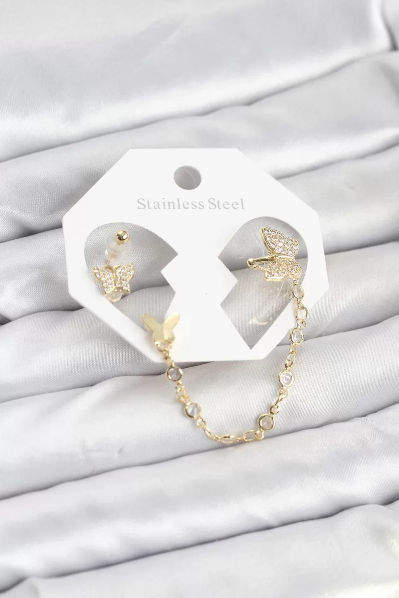 Kelebek Model Pirinç Gold Renk Zincir Bağlantılı Ear Cuff Küpe Seti - Lisinya