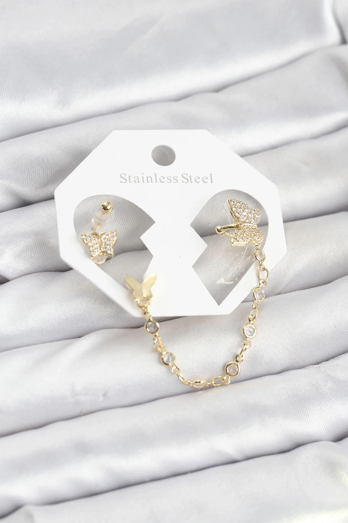 Kelebek Model Pirinç Gold Renk Zincir Bağlantılı Ear Cuff Küpe Se