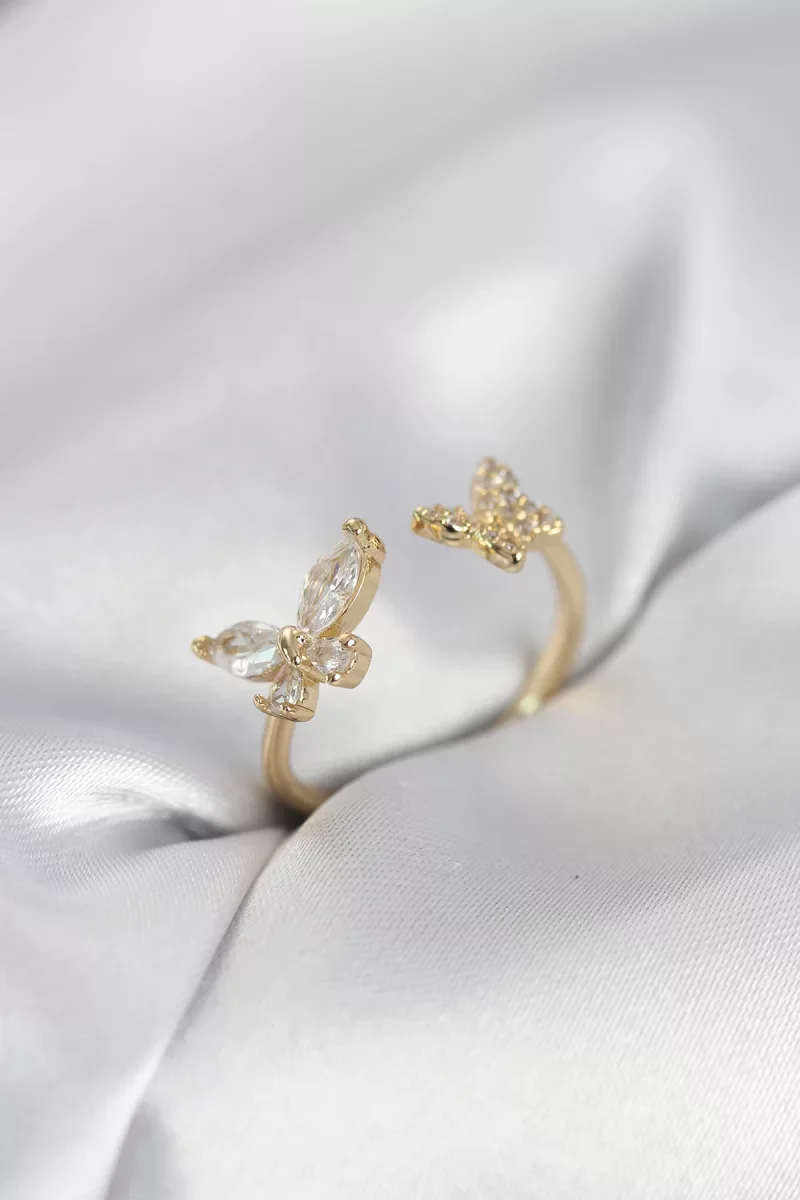 Kelebek Model Zirkon Taşlı Gold Renk Kadın Yüzük - Lisinya