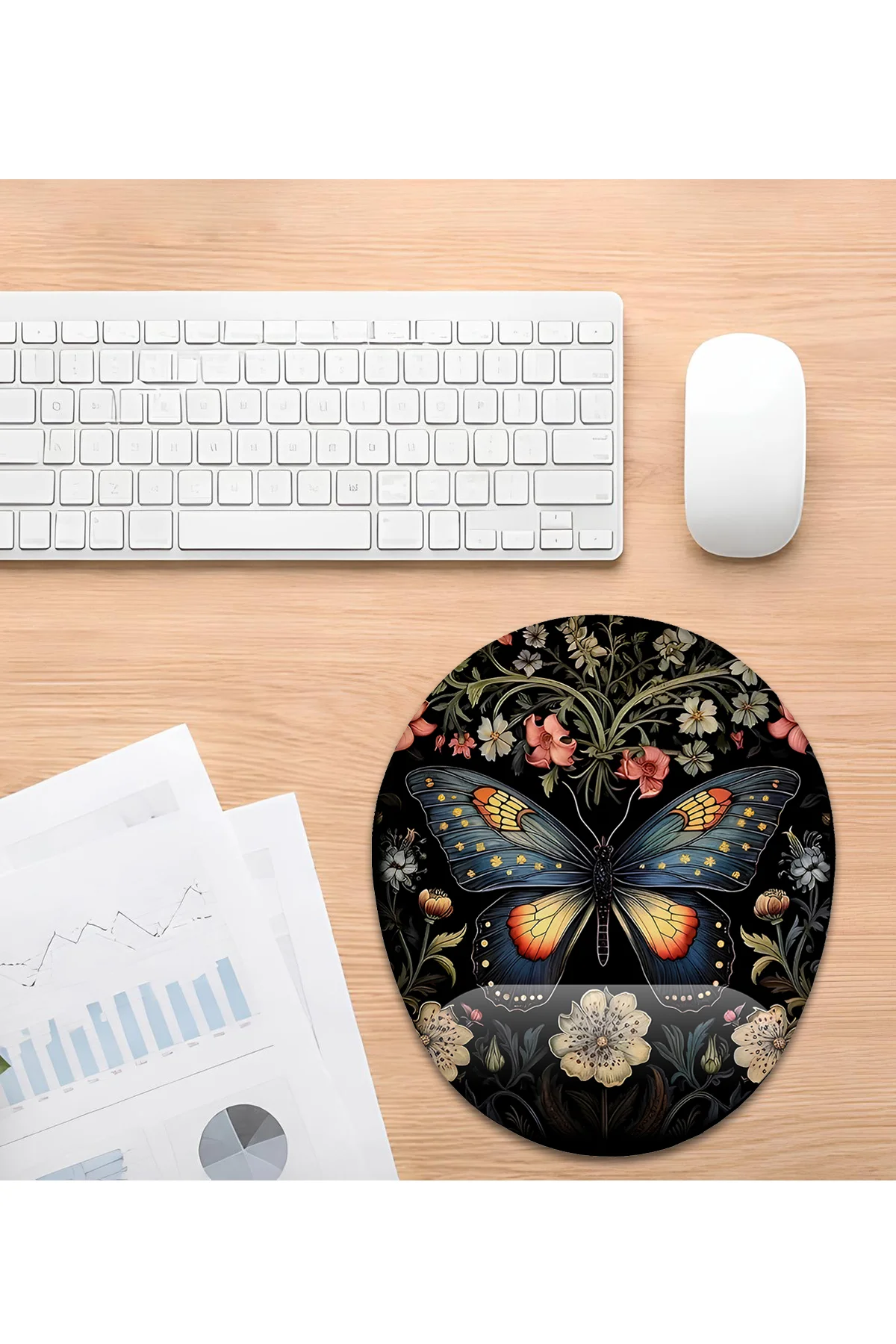 Kelebek ve Çiçek Desenli Bilek Destekli Mouse Pad Ergonomik Kayma