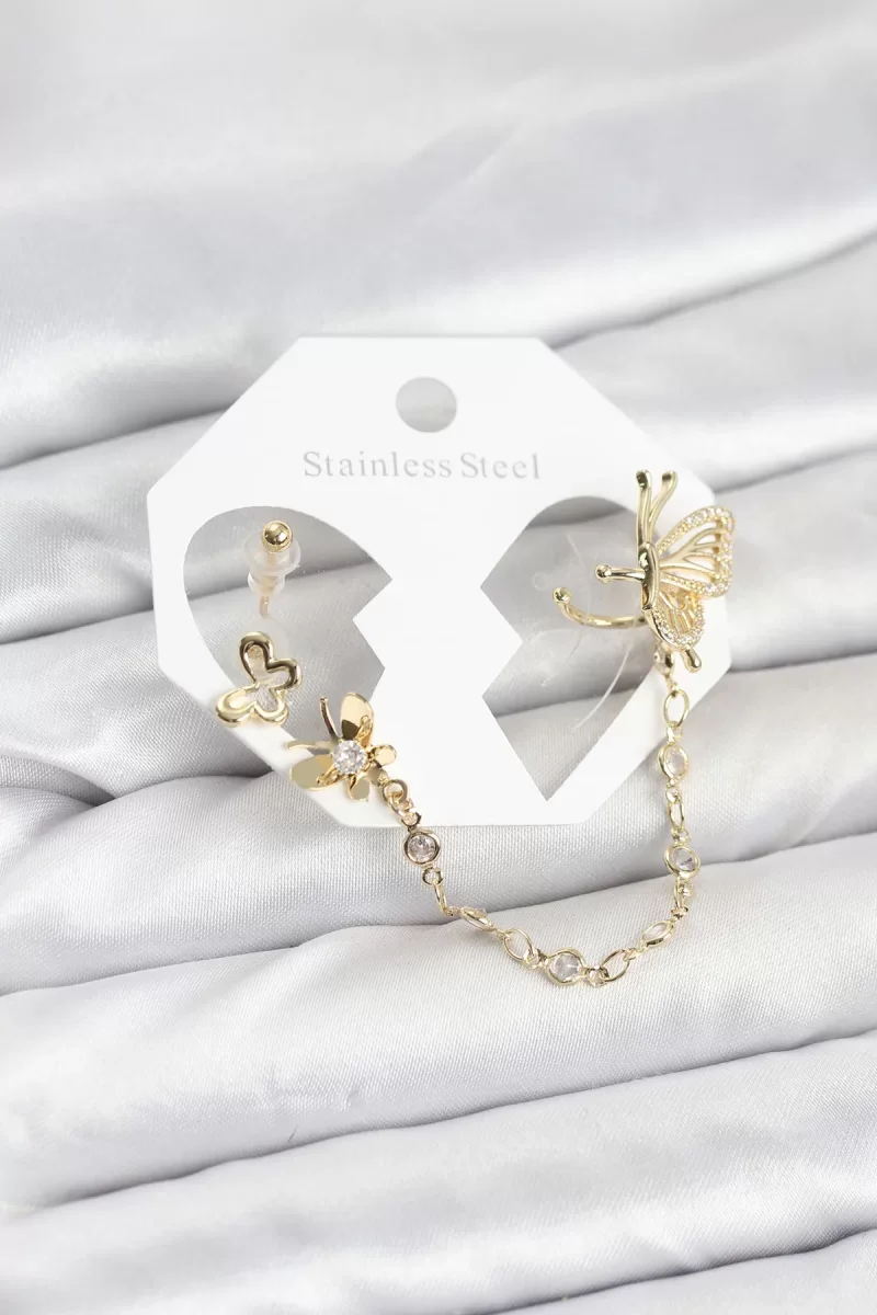 Kelebekli Model Pirinç Gold Renk Zincir Bağlantılı Ear Cuff Küpe Seti - Lisinya