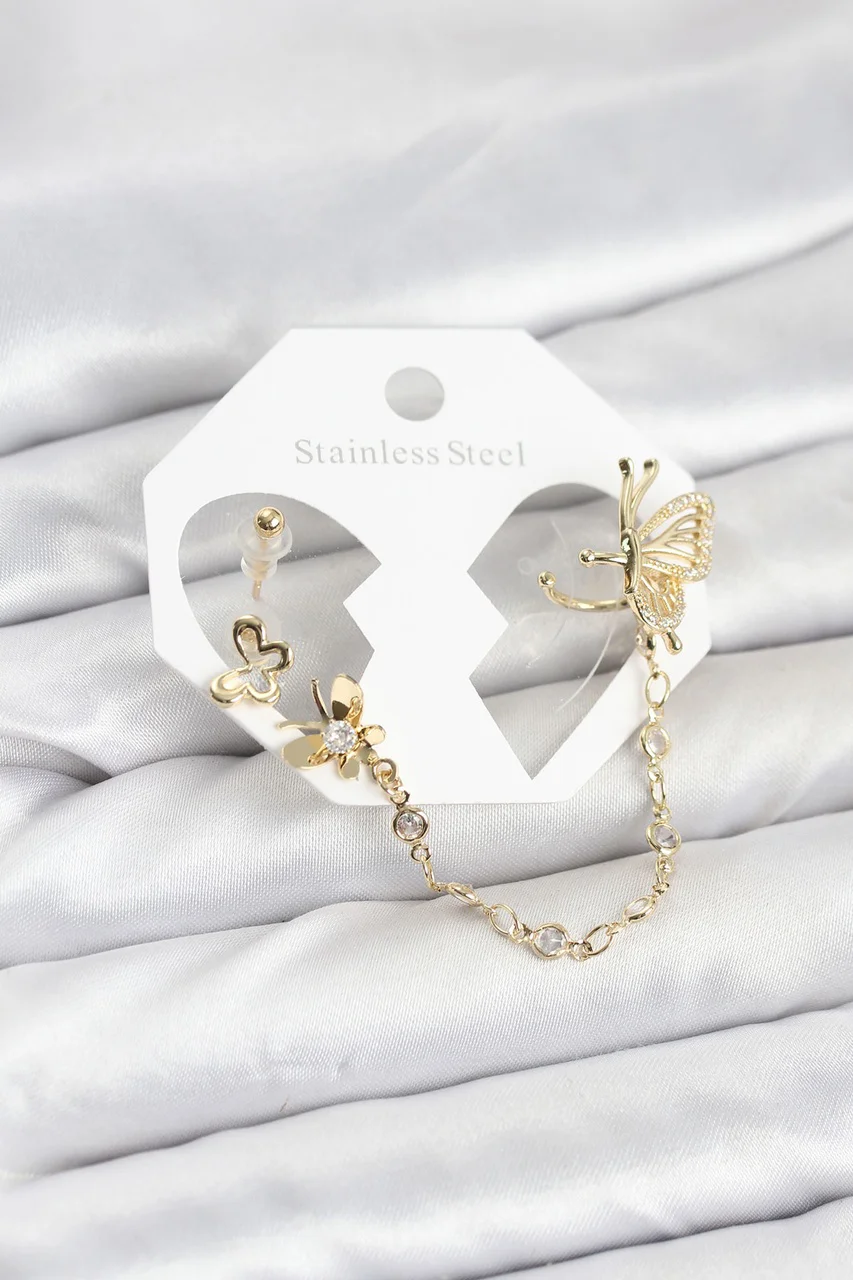 Kelebekli Model Pirinç Gold Renk Zincir Bağlantılı Ear Cuff Küpe Seti Çok Renkli