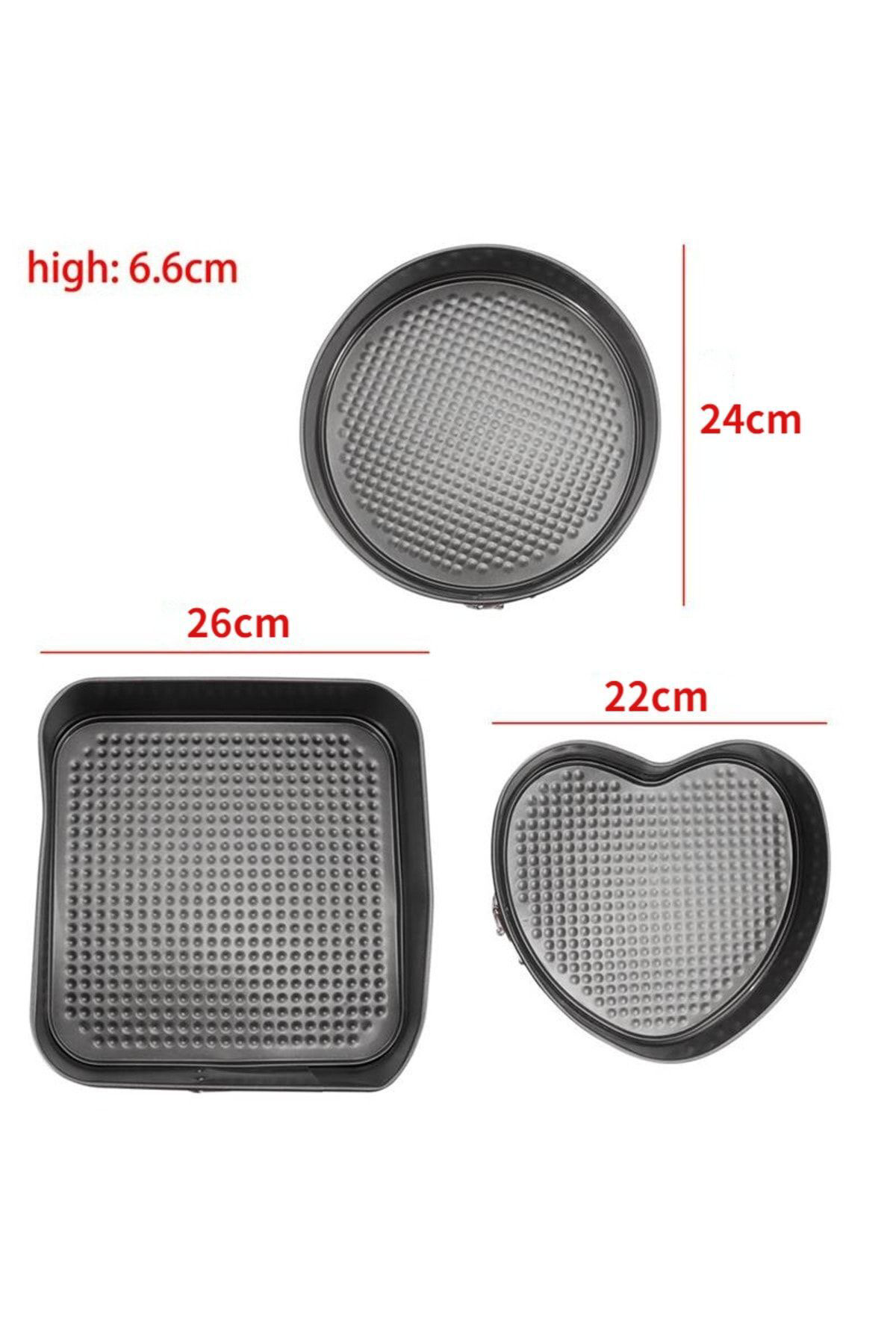 Kelepçeli 3'lü Kek Kalıbı Seti - Yuvarlak, Kalp, Kare Şekilli