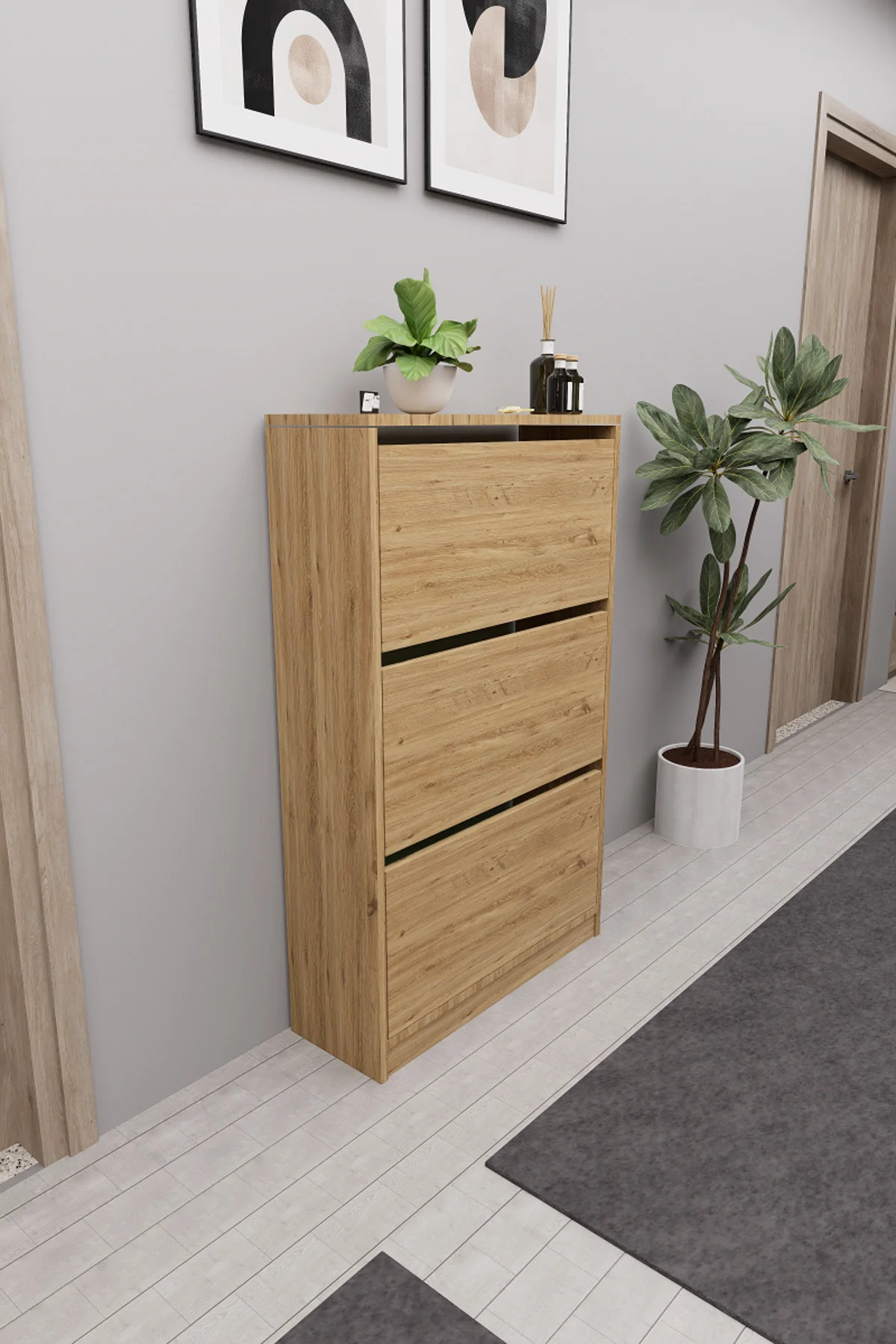 Kembe 3 Bölmeli Açılır Modern Dekoratif Ayakkabılık Çam