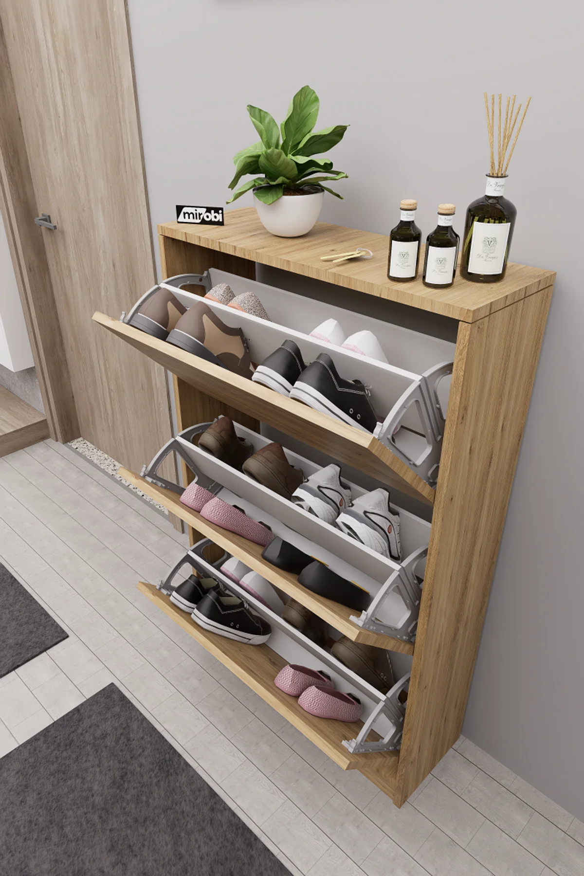 Kembe 3 Bölmeli Açılır Modern Dekoratif Ayakkabılık Çam