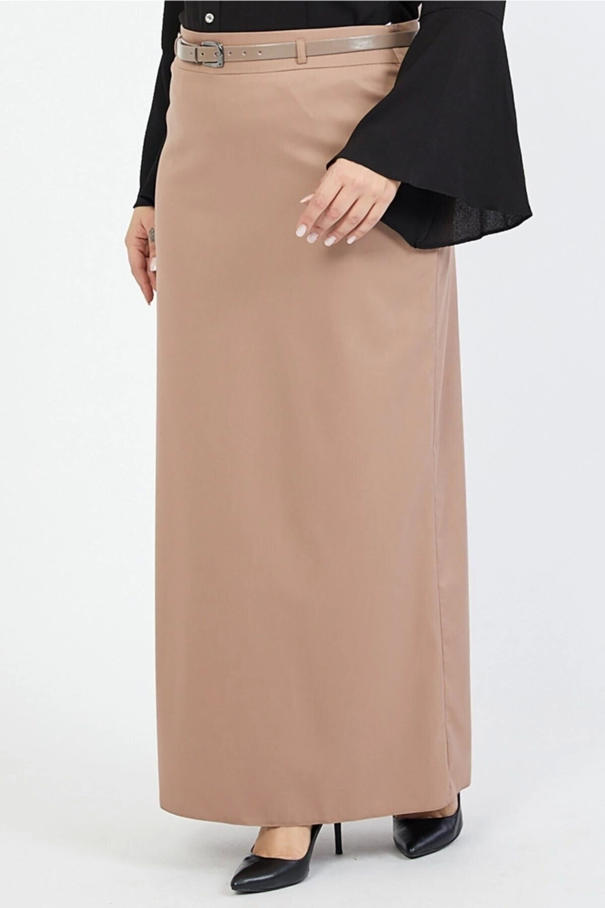 Kadın Kemerli Lacivert Büyük Beden Dokuma Kumaş Etek 1580-100