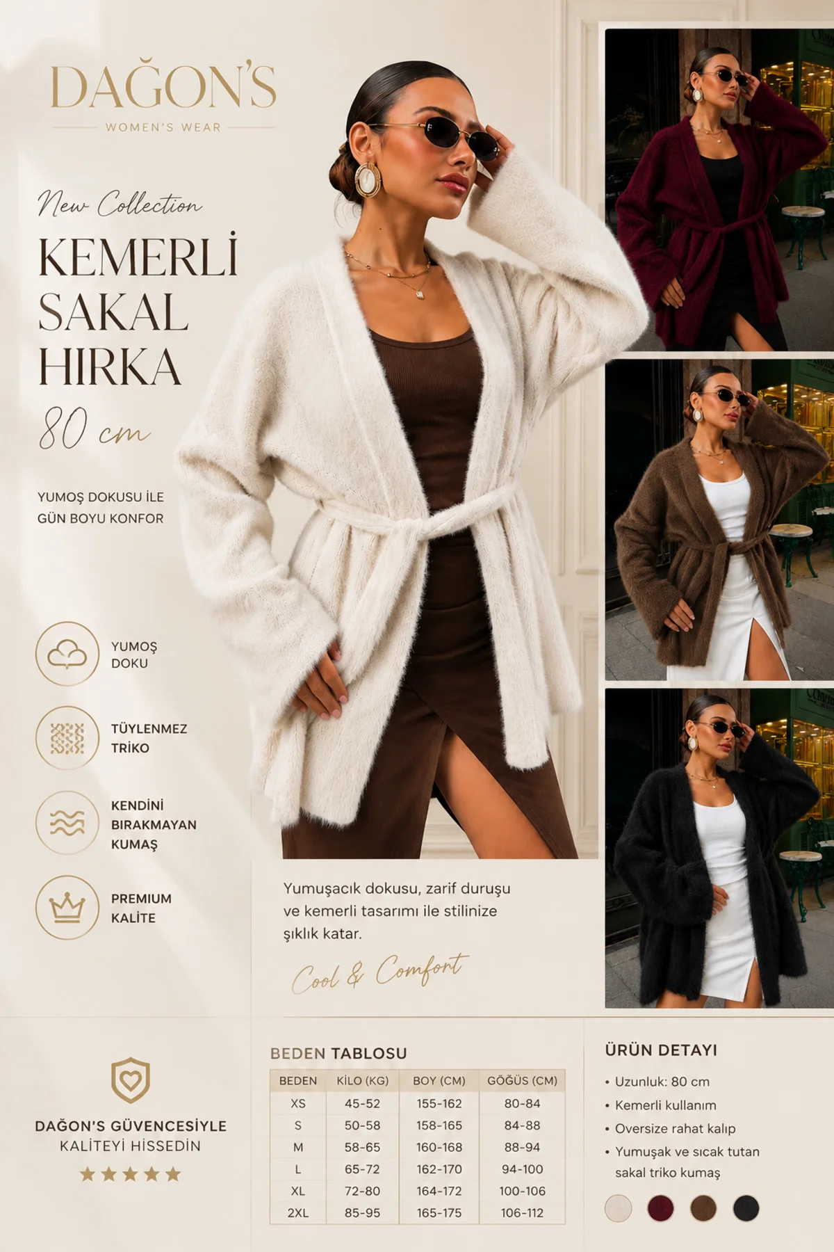 Kemerli Kadın Sakal Triko Hırka 75 Cm - Görsel 2