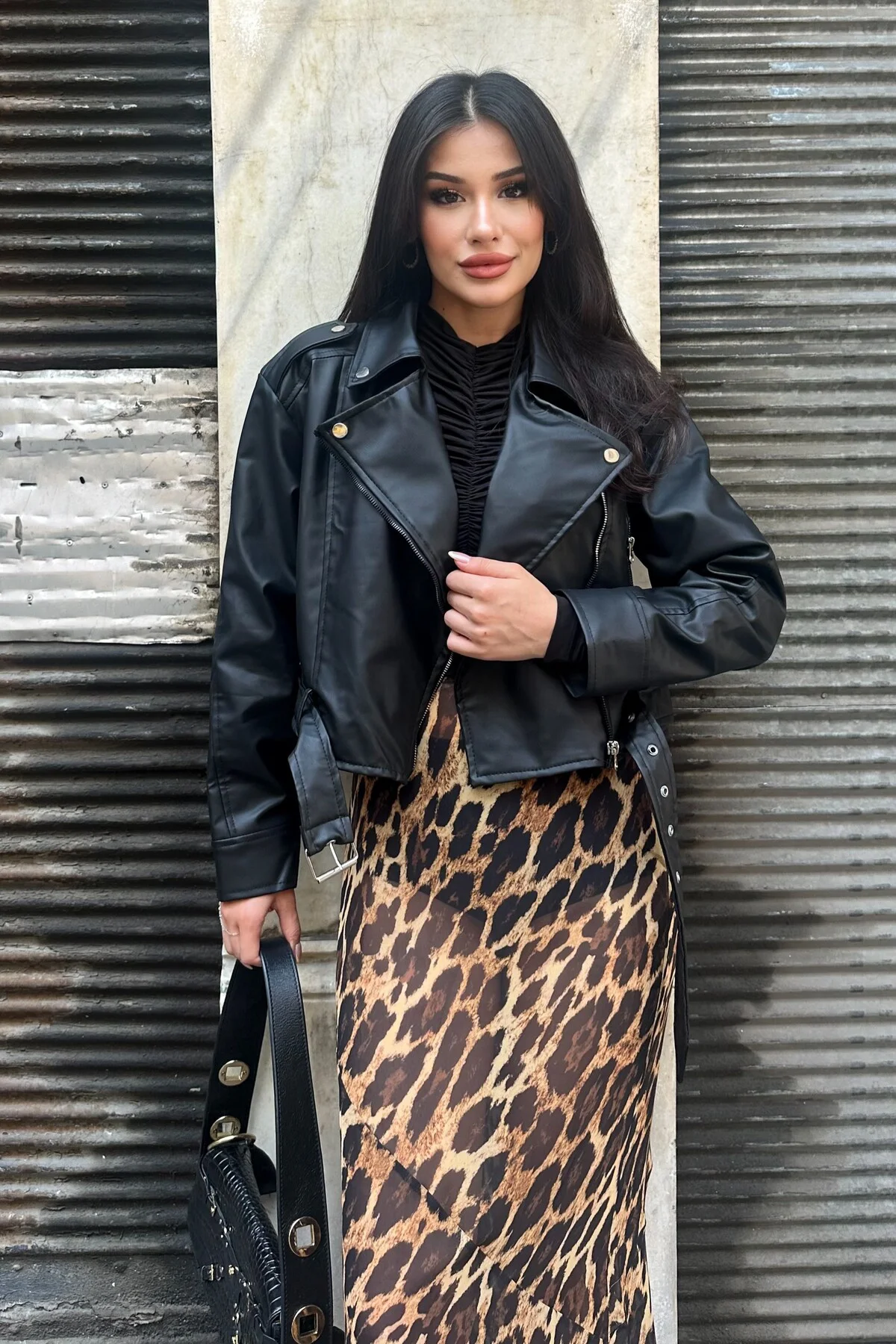 Kemerli Oversize Crop Deri Ceket