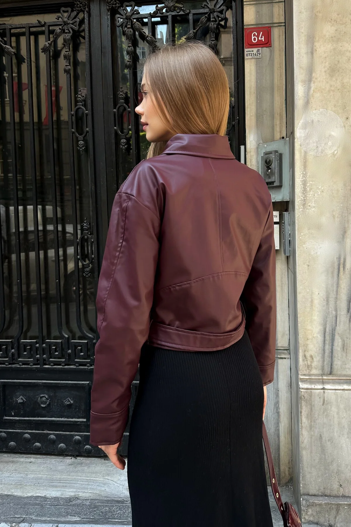 Kemerli Oversize Crop Deri Ceket