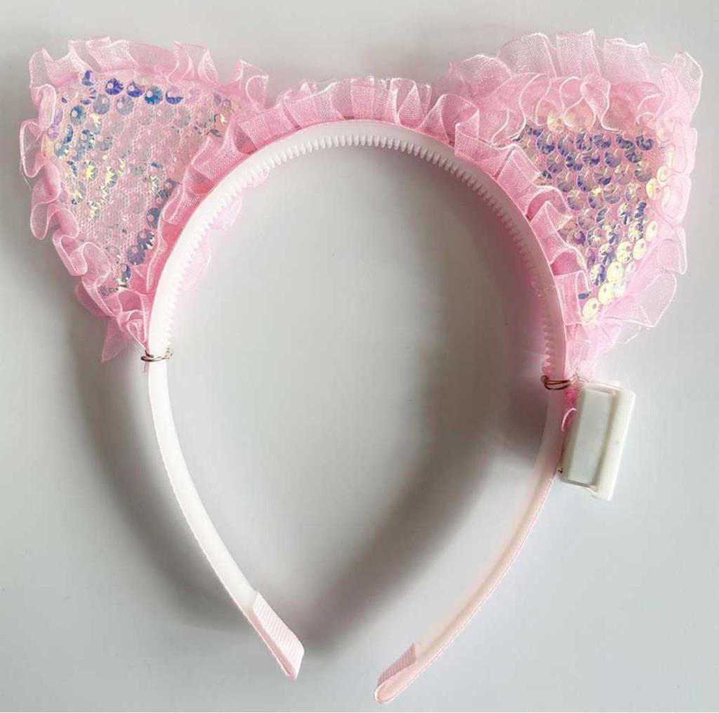 Kenarları Dantelli Pembe Pullu Payetli Led Işıklı Kedi Kulak Taç Kenarları Dantelli Pembe Pullu Payetli Led Işıklı Kedi Kulak Taç