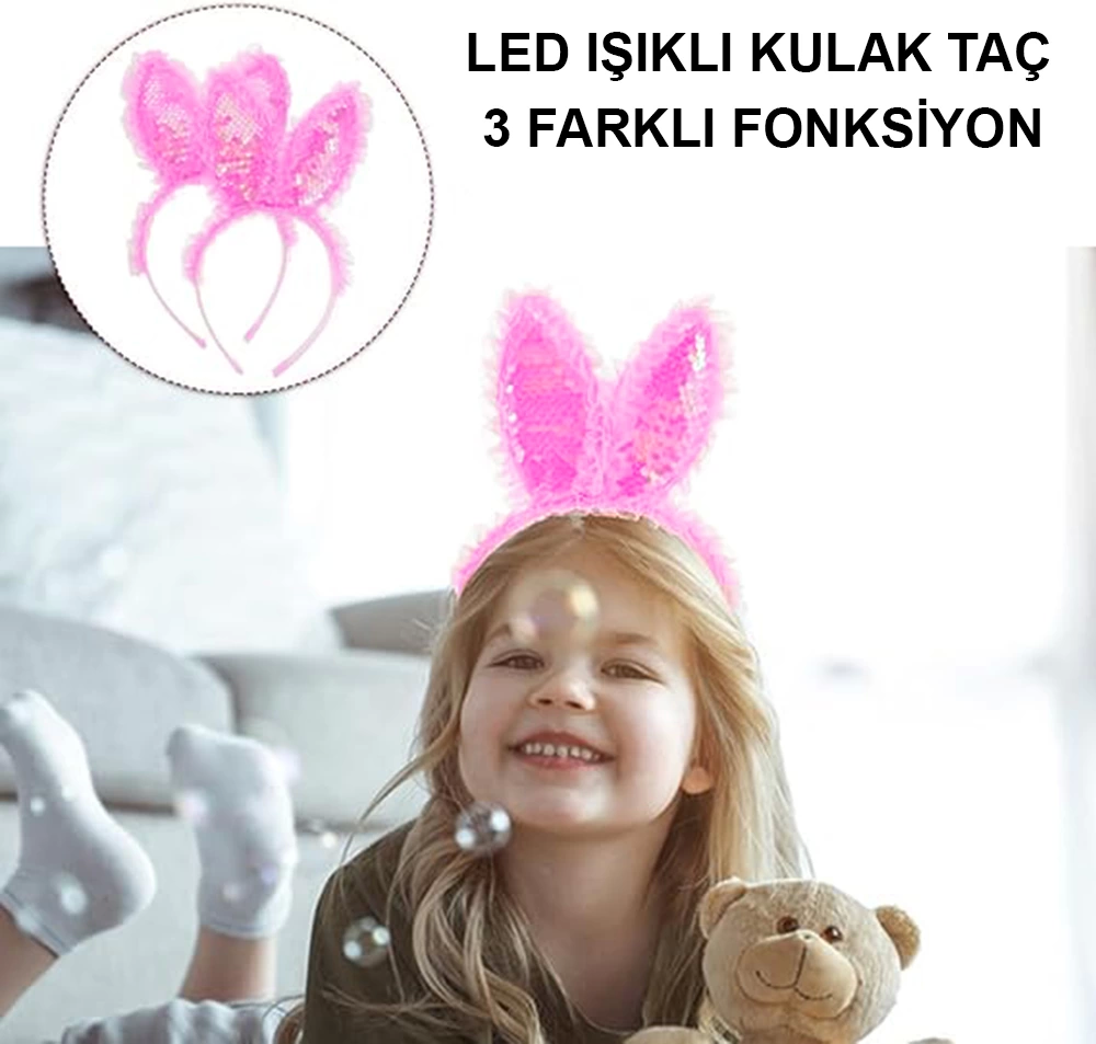 Kenarları Dantelli Fuşya Pullu Payetli Led Işıklı Tavşan Kulak Ta