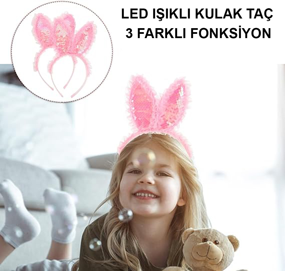 Kenarları Dantelli Pembe Pullu Payetli Led Işıklı Tavşan Kulak Ta