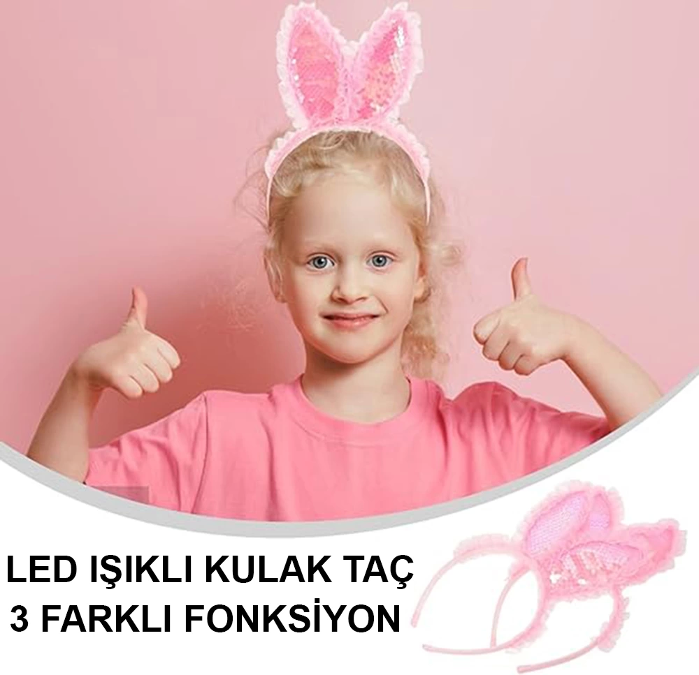 Kenarları Dantelli Pembe Pullu Payetli Led Işıklı Tavşan Kulak Ta