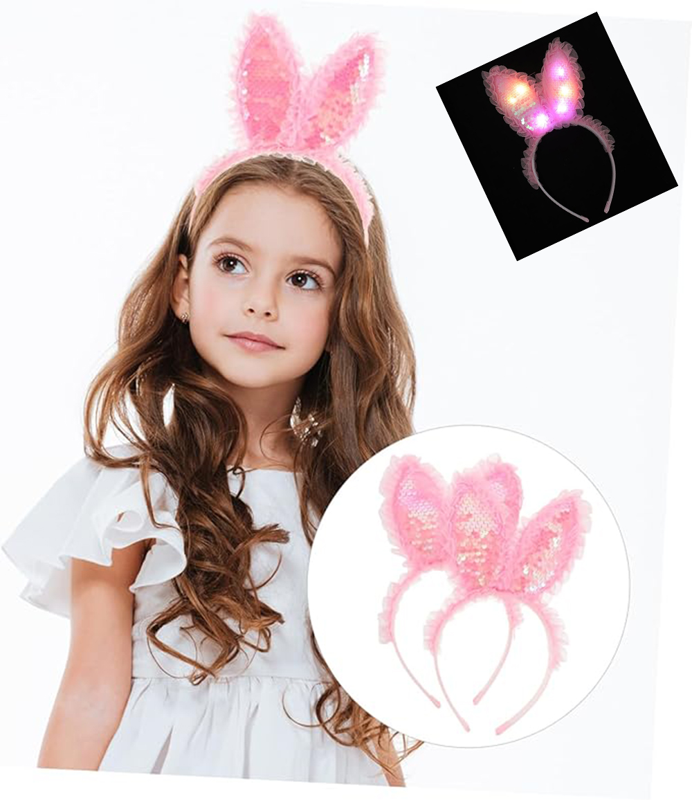 Kenarları Dantelli Pembe Pullu Payetli Led Işıklı Tavşan Kulak Ta