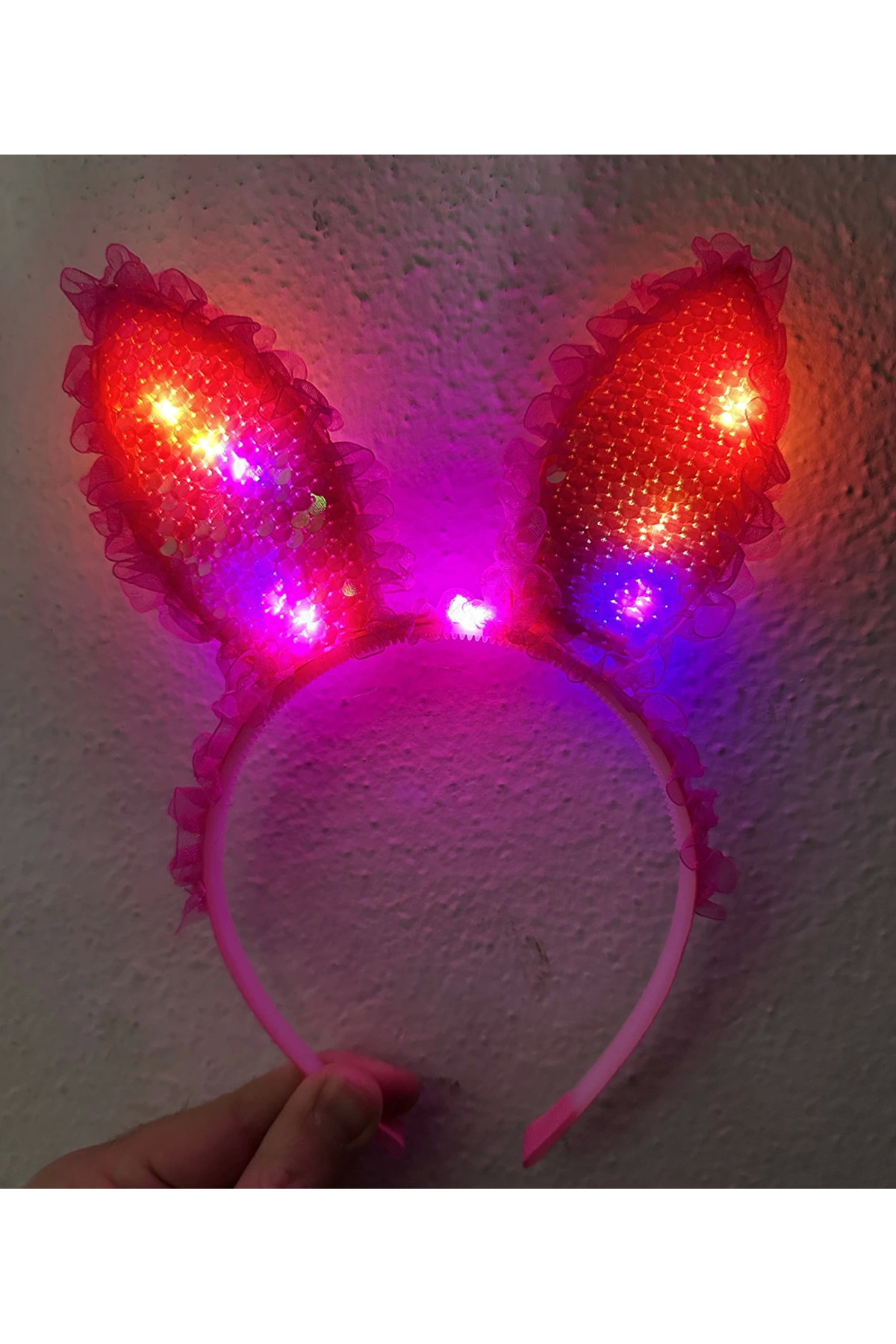 Kenarları Dantelli Fuşya Pullu Payetli Led Işıklı Tavşan Kulak 23