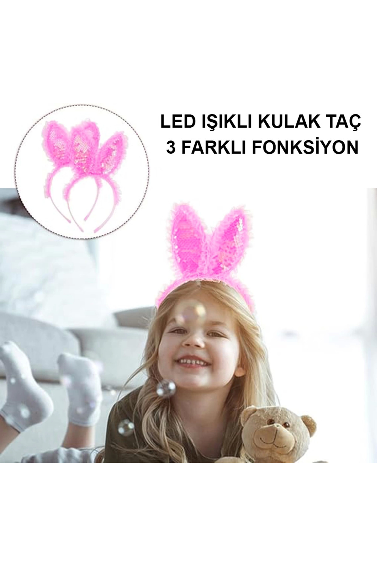 Kenarları Dantelli Fuşya Pullu Payetli Led Işıklı Tavşan Kulak 23