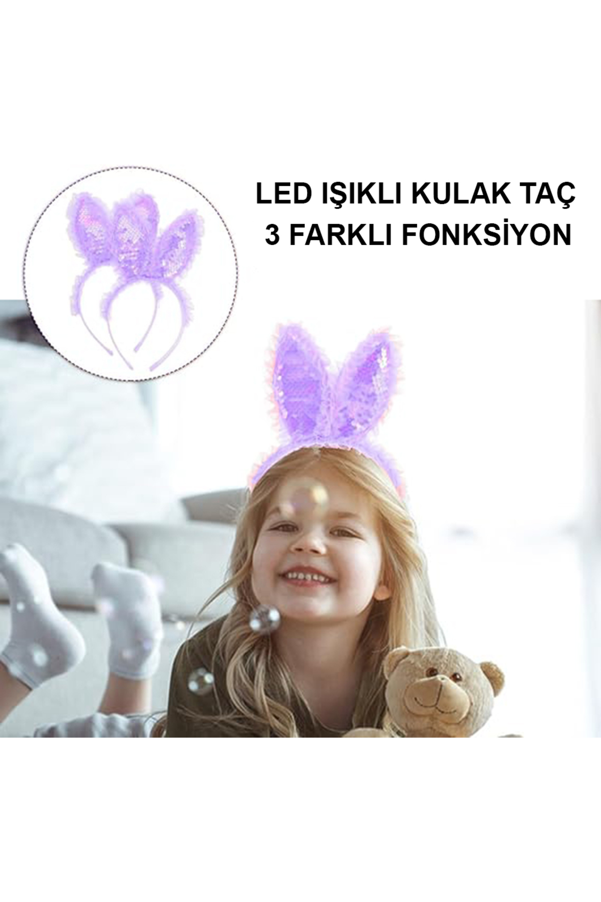 Butik Kenarları Dantelli Mor Pullu Payetli Led İşıklı Tavşan Kulak Taç