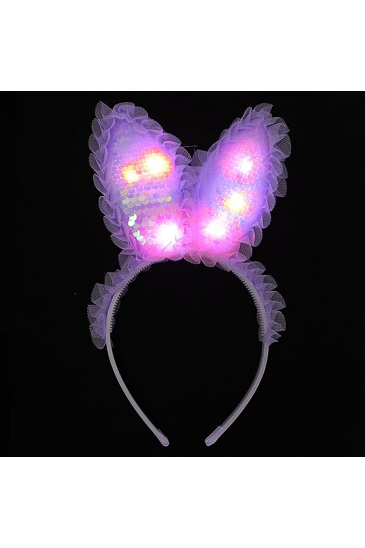 Butik Kenarları Dantelli Mor Pullu Payetli Led İşıklı Tavşan Kulak Taç