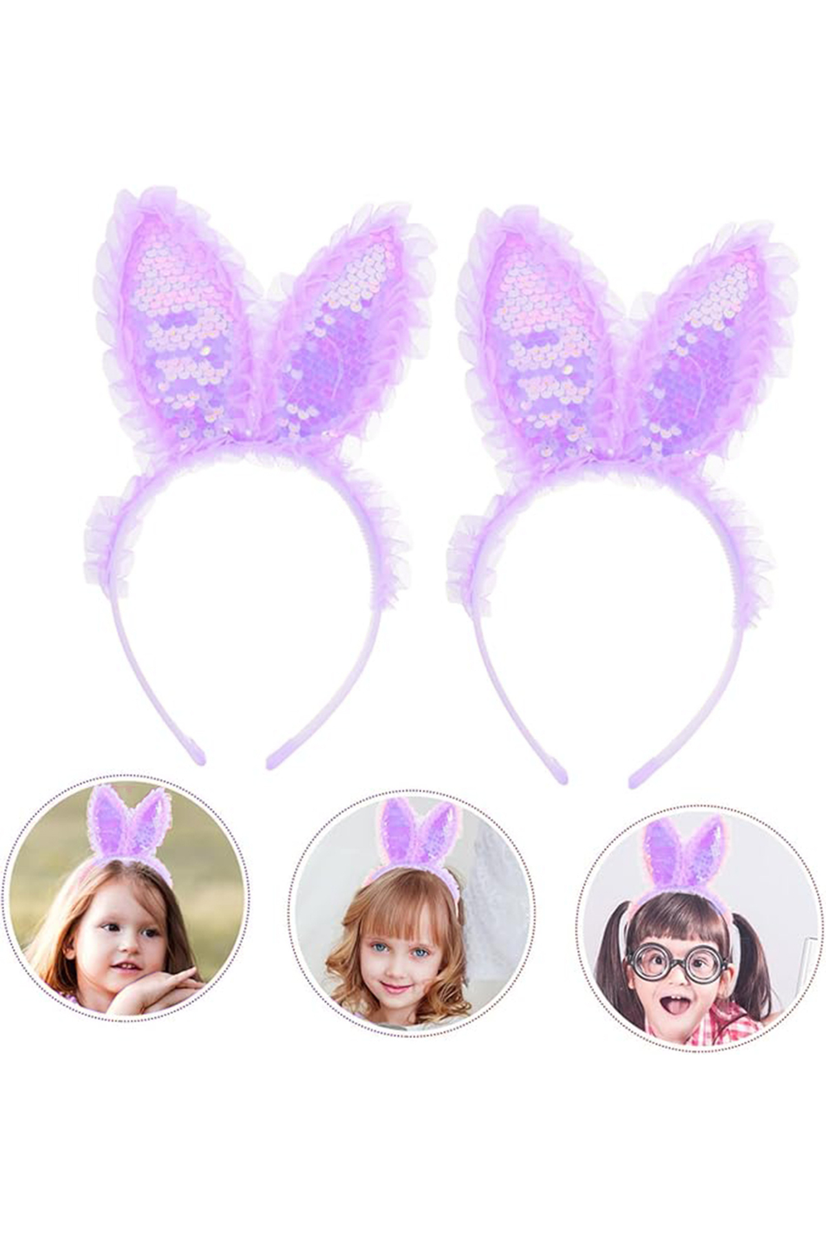 Butik Kenarları Dantelli Mor Pullu Payetli Led İşıklı Tavşan Kulak Taç