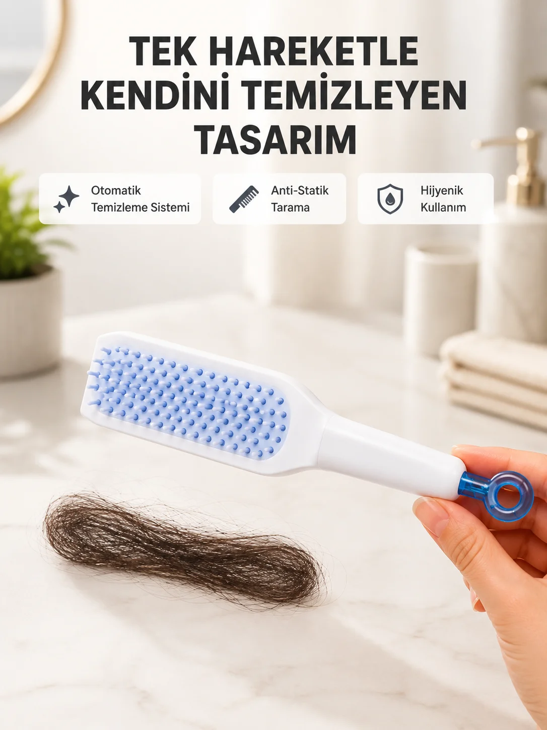 Kendi Kendini Temizleyen Saç Tarağı – Anti-Statik, Silikon Uçlu, ABS Malzeme, 22x4 cm